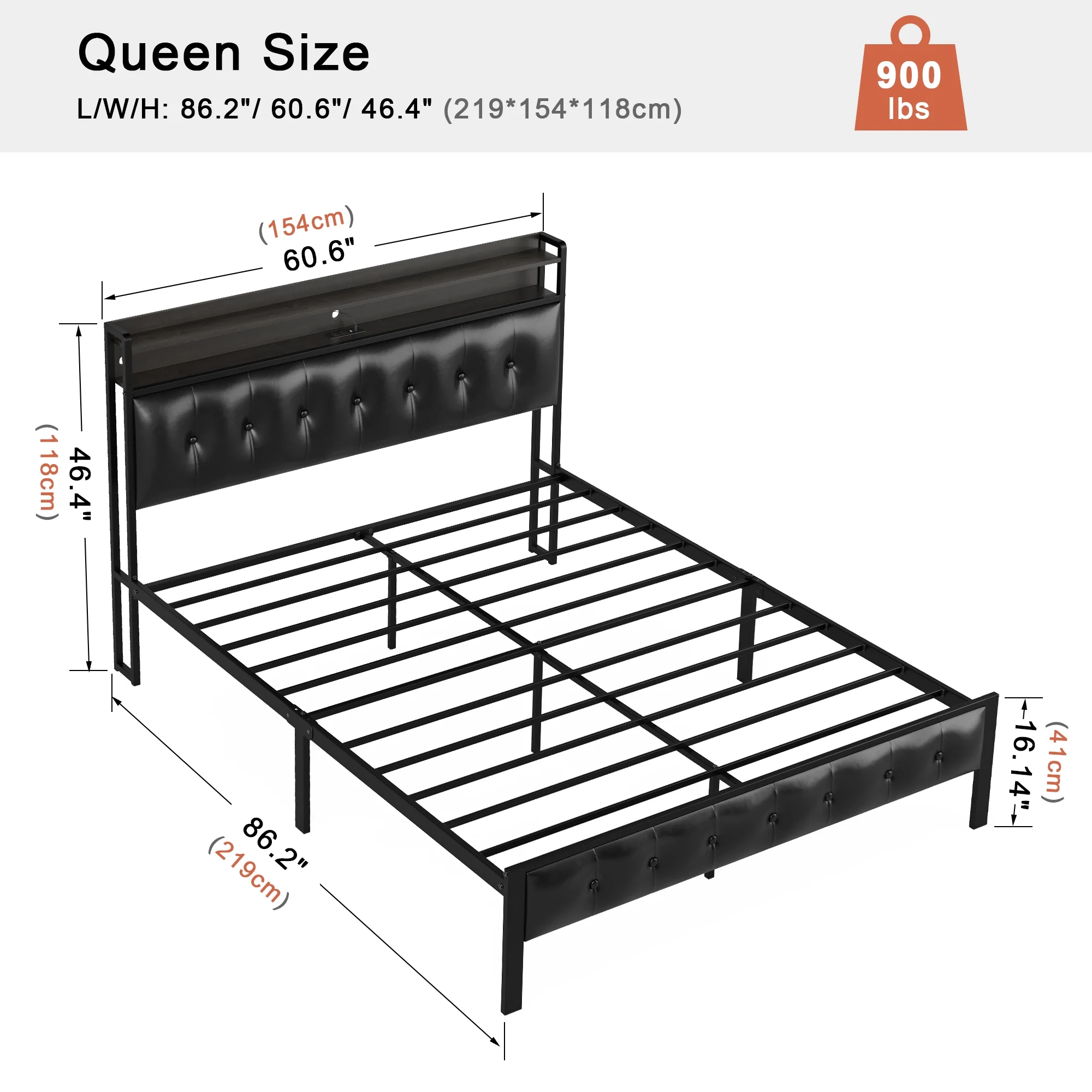 GUNAITO Queen Bed Frame with Storage Headboard Upholstered Platform Bed with LED Lights USB Ports & Outlets Black