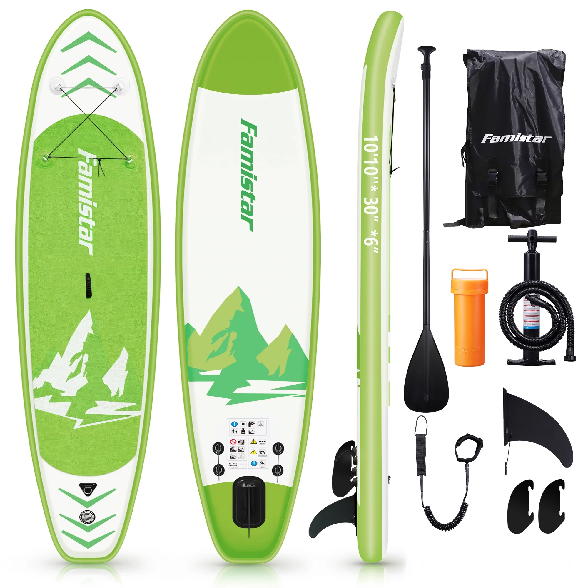 Famistar 10’10” Inflatable Stand Up Paddle Board SUP w/ 3 Fins, Adjustable Paddle, Pump & Carrying Backpack