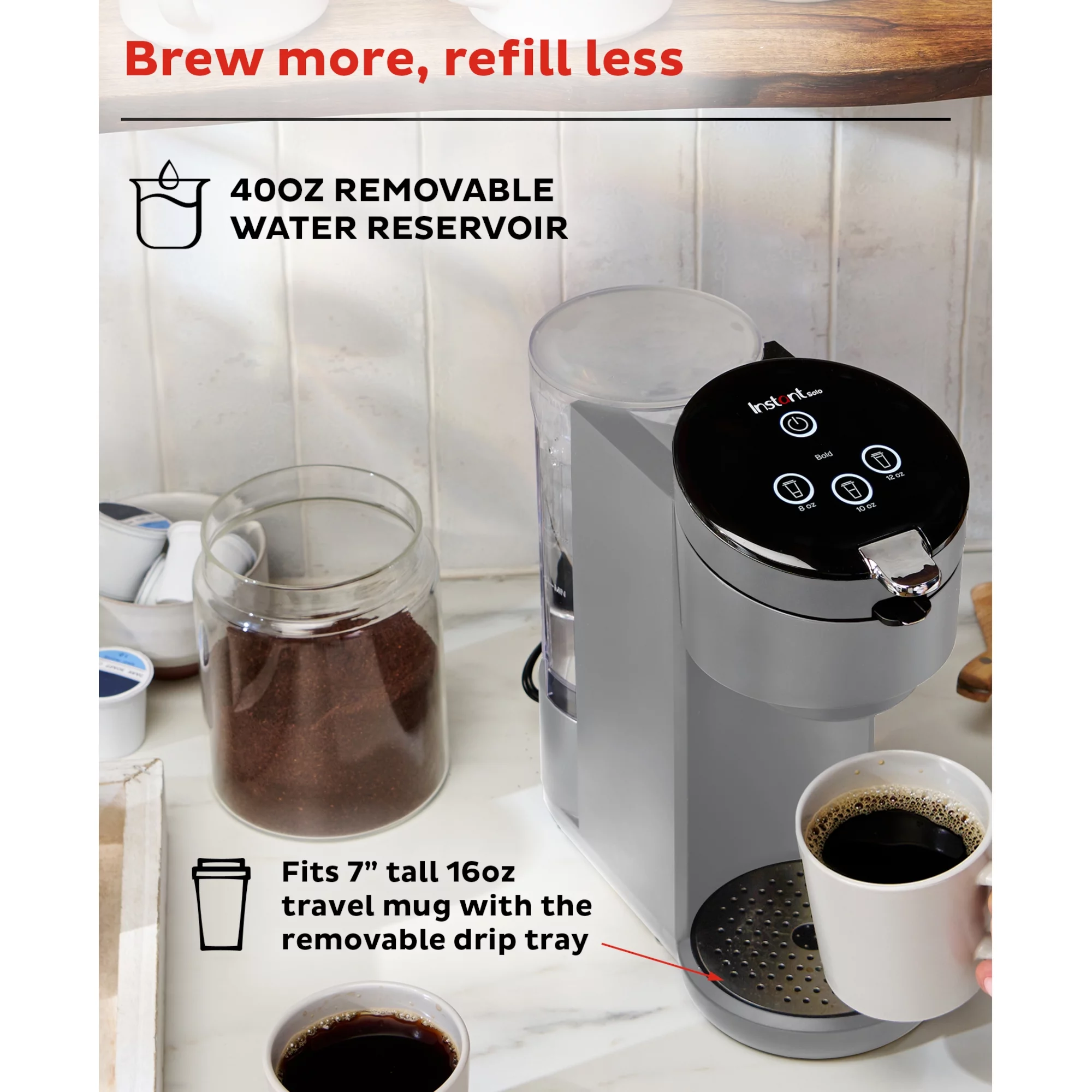 Instant Solo 2-in-1 Single Serve Coffee Maker for Ground Coffee or K-Cup Pods with 3 Brew Sizes, Maroon Red