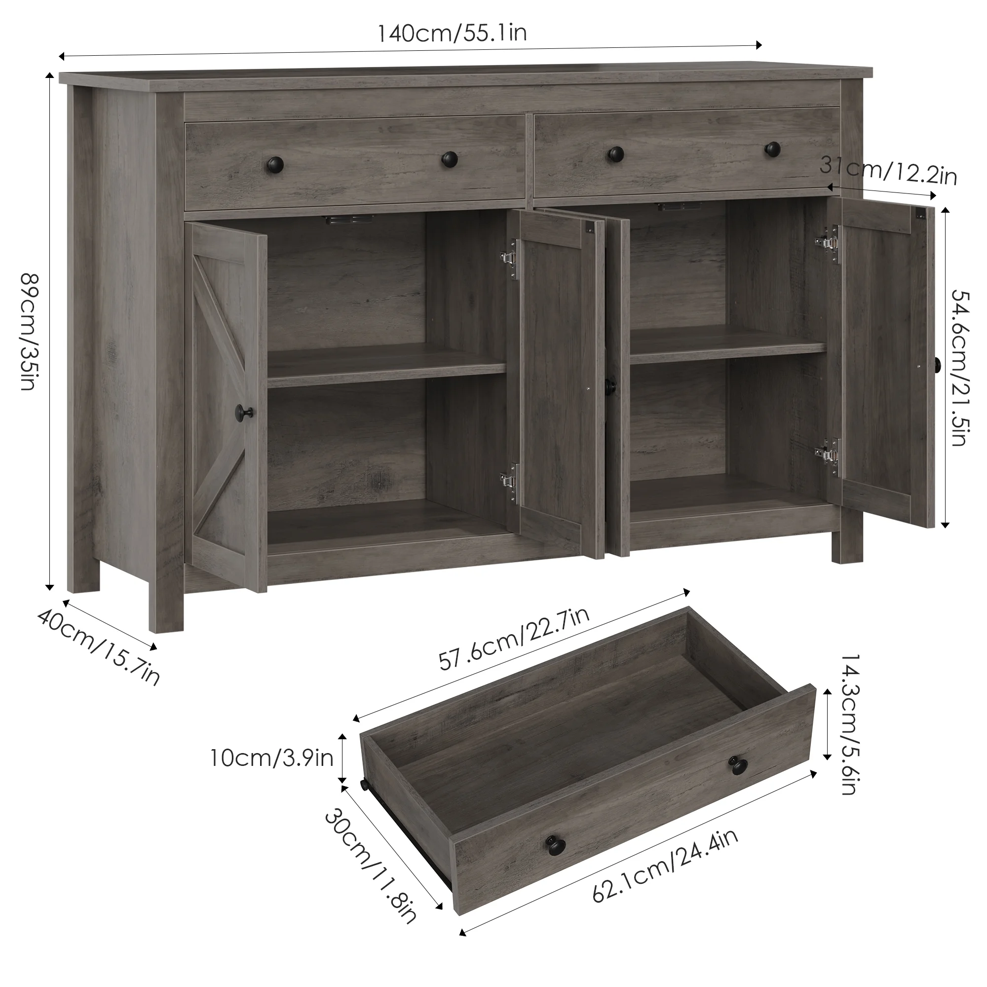 Homfa Farmhouse Kitchen Sideboard, 4-Doors 2-Drawers Wood Buffet Cabinet with Adjustable Shelves, Brown