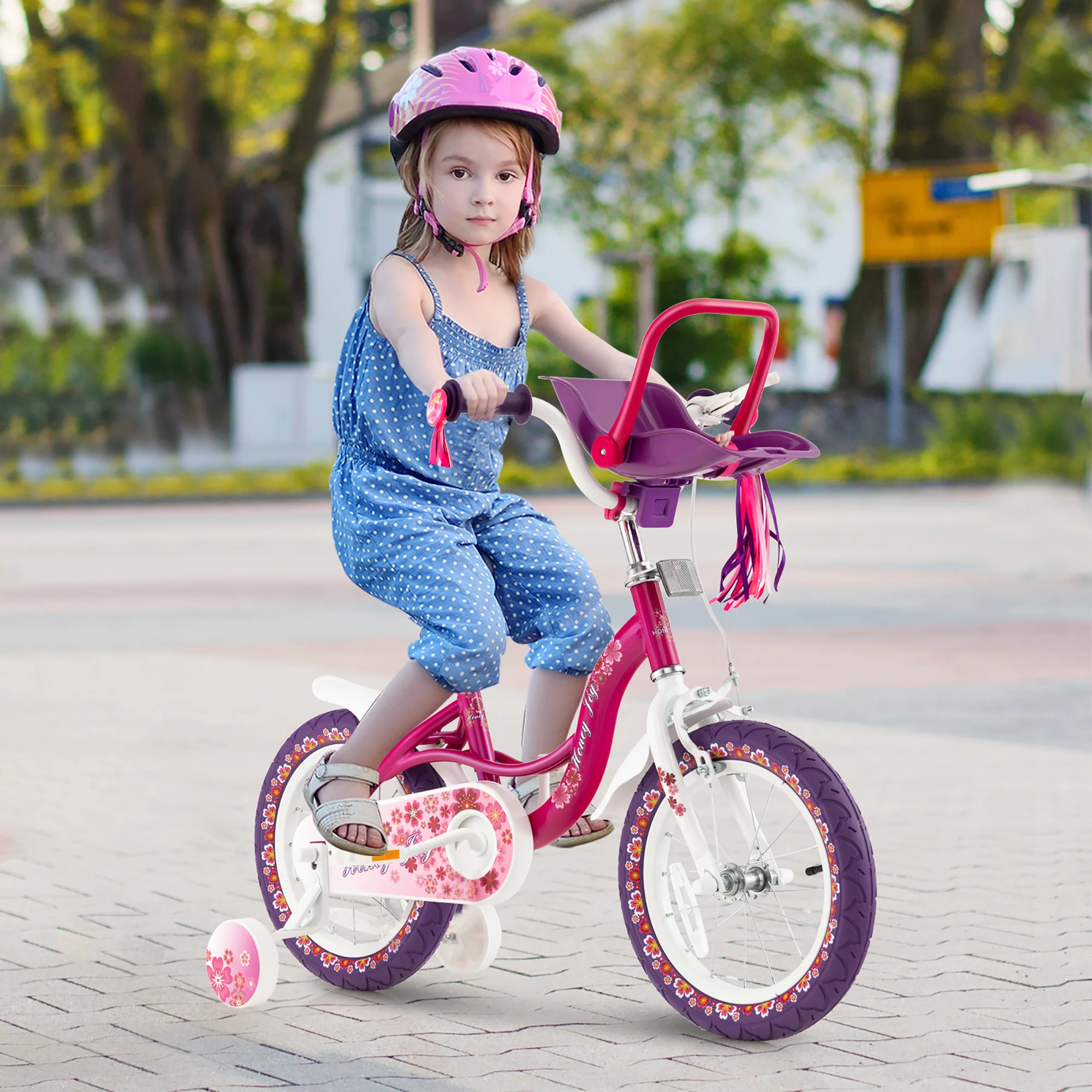 Costway 16” Kids Bike with Doll Seat Girls Bicycle with Training Wheels for 4-7 Years Old Girl