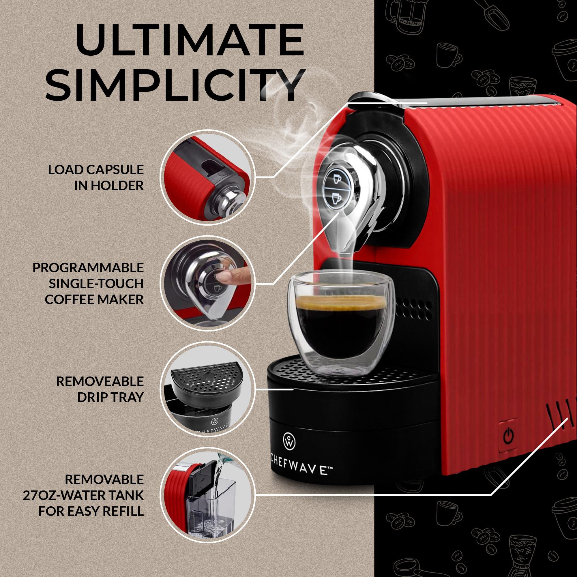 ChefWave Mini Espresso Machine for Nespresso Capsules (Red) with Accessories