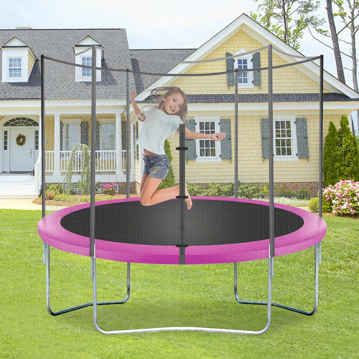 NiamVelo 10 ft Trampoline with Safety Enclosure Net ,Outdoor Jump Round Trampoline with PVC Spring Cover Padding for Kids , Blue