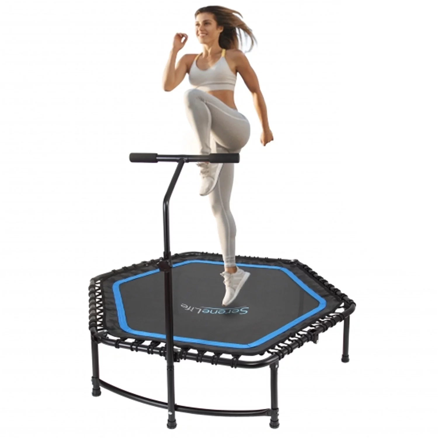 SereneLife SLELT518 – Pro Aerobics Fitness Trampoline – Portable Gym Sports Trampoline with Adjustable Handrail