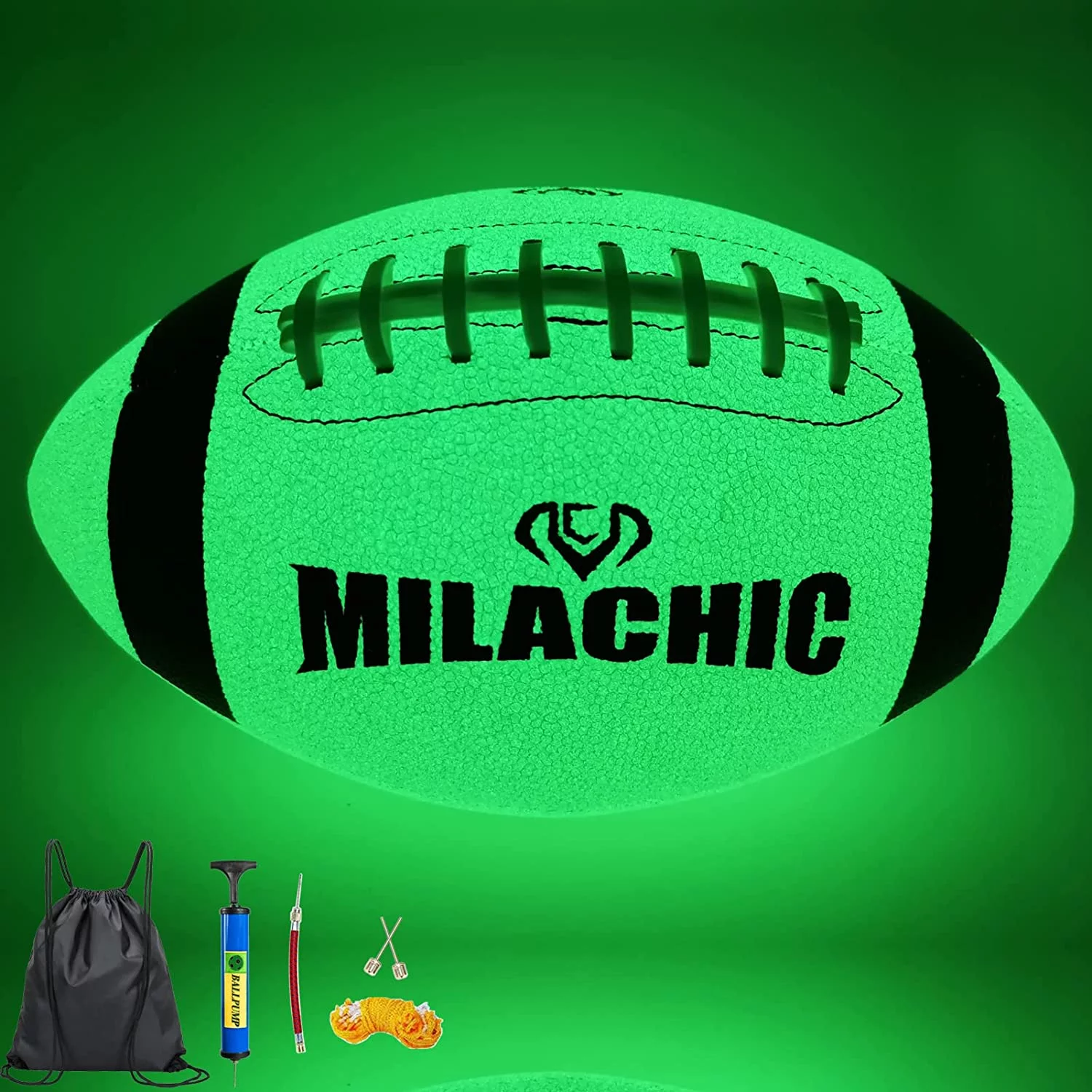 MILACHIC Football Glow in the Dark Football Size 9, Luminous Glowing Football Super Grip Composite Leather Football Balls with Pump and Ball Carry Bag