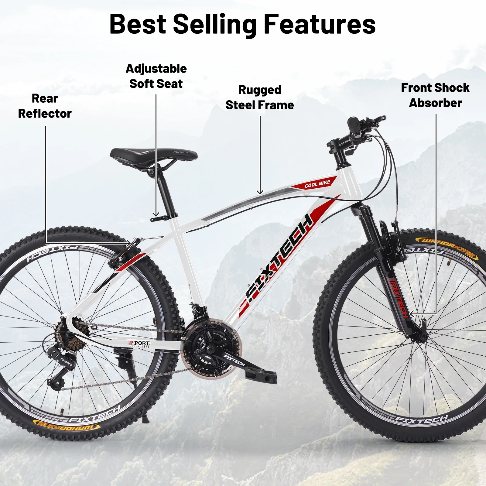 FIXTECH 26” Mountain Bike, Shimano 21 Speed MTB Bicycle for Adults, White