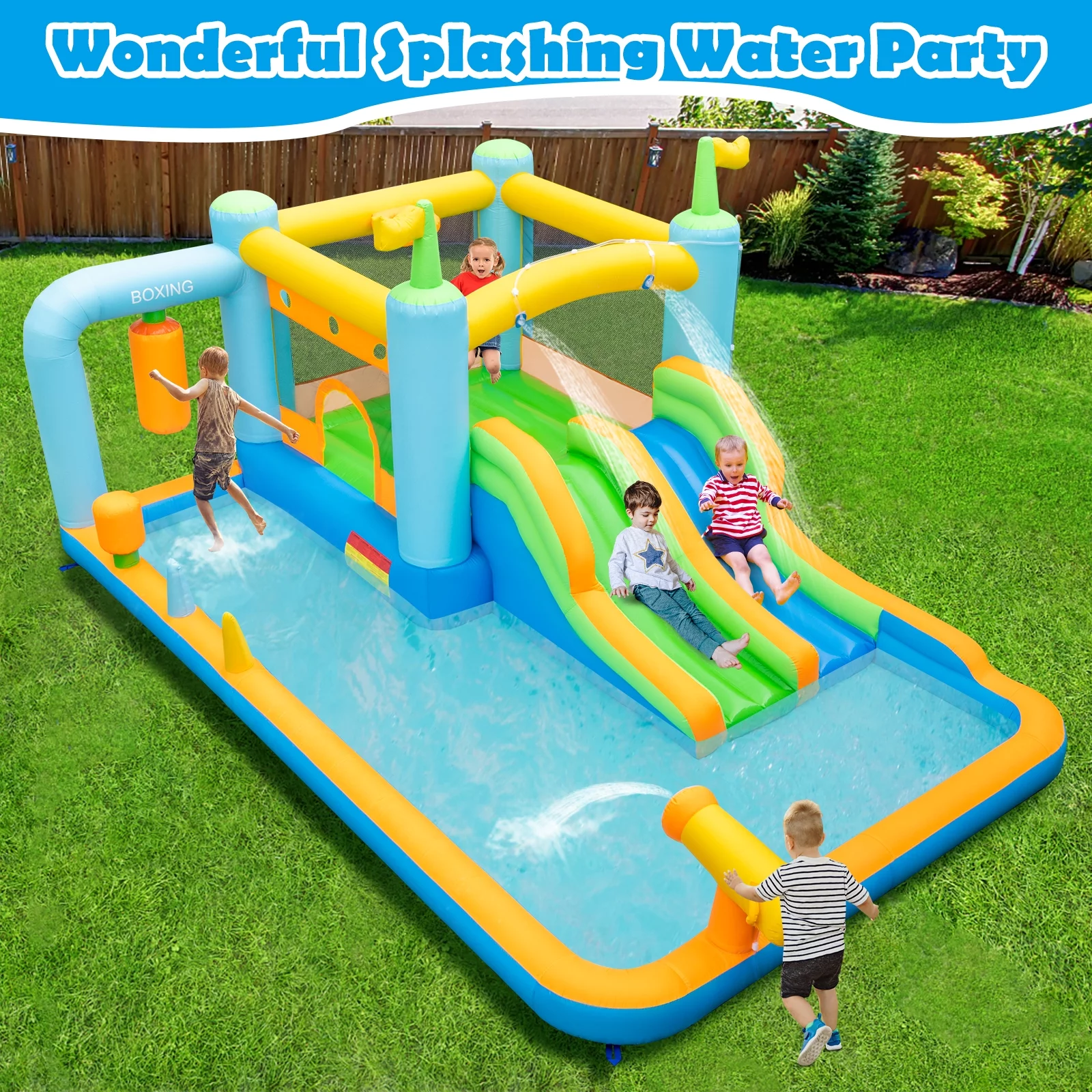 Topbuy Inflatable Water Slide Park Giant Bounce House with Double Long Slides Boxing Splash Pool Jumping Area w/735W Blower