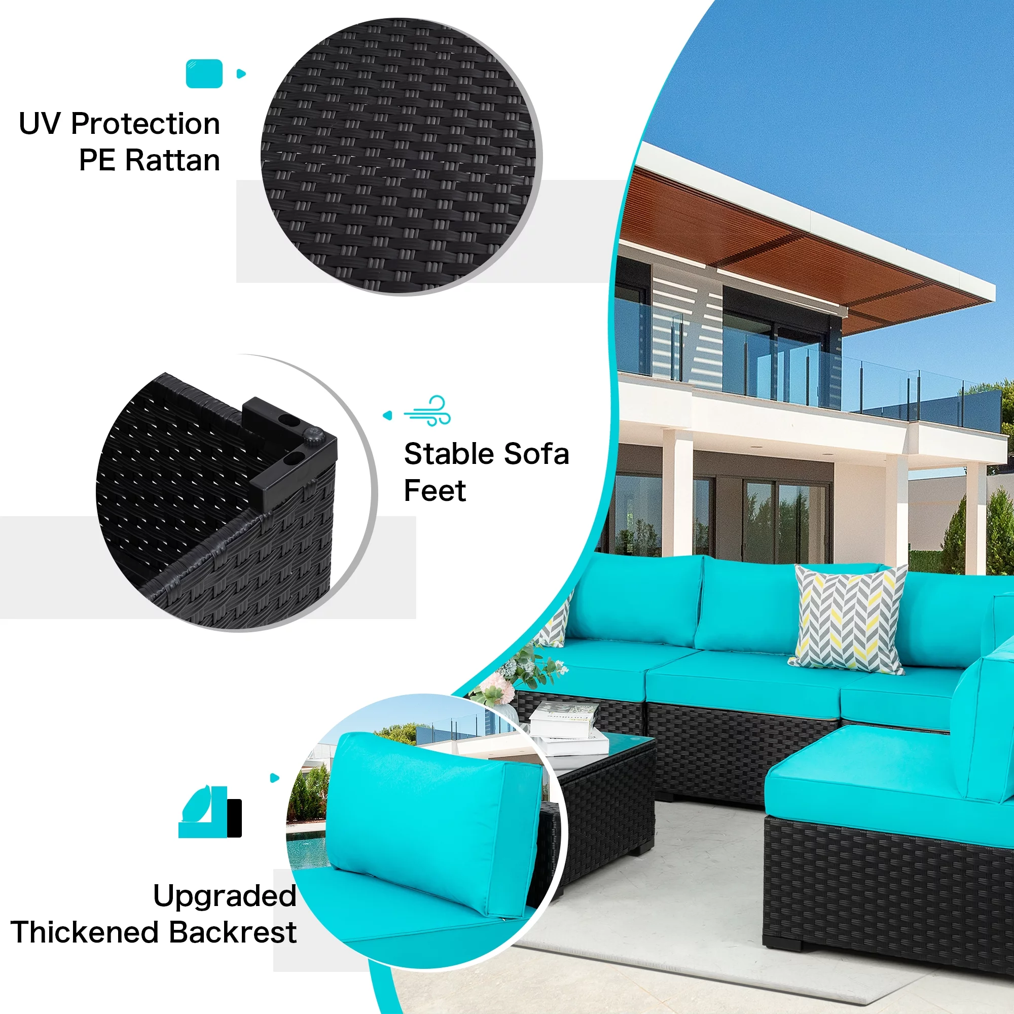 7 Pieces Outdoor Sectional Sofa Furniture Sets, All-Weather Black Wicker Patio Furniture Sets with Tea Table and Washable Couch Cushions Aegean Blue