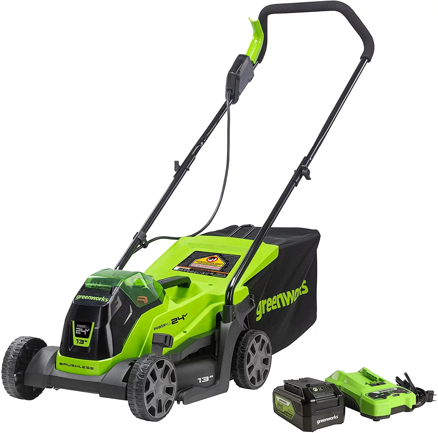 Greenworks 24V 13″ Brushless Lawn Mower, 4Ah USB Battery and Charger Included, 2534402