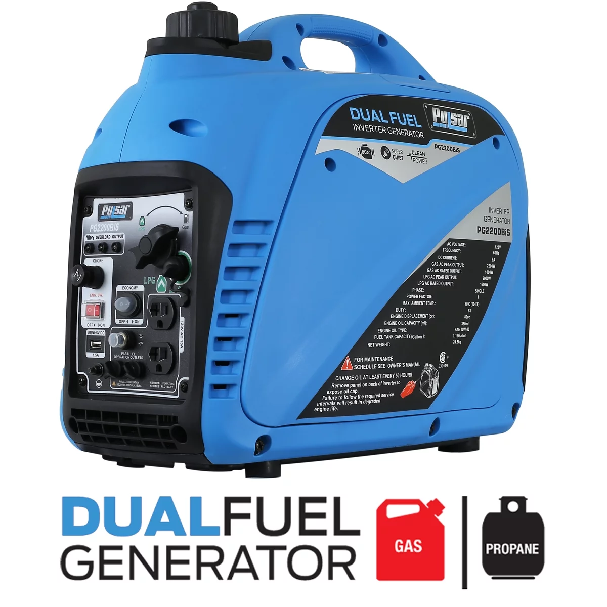 Pulsar 2,200 Watt Dual-Fuel Portable Inverter Generator – CARB Compliant