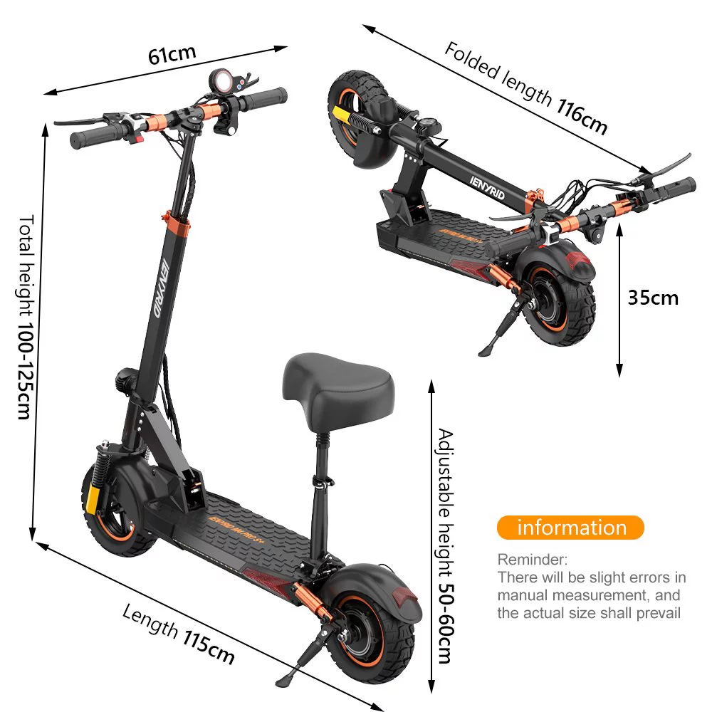 Electric Scooter Adult with Seat, Foldable E-Scooters for Adults with 10″ Off-road Pneumatic Tires, 800W Motor, LED Headlights, Double Brake System Black