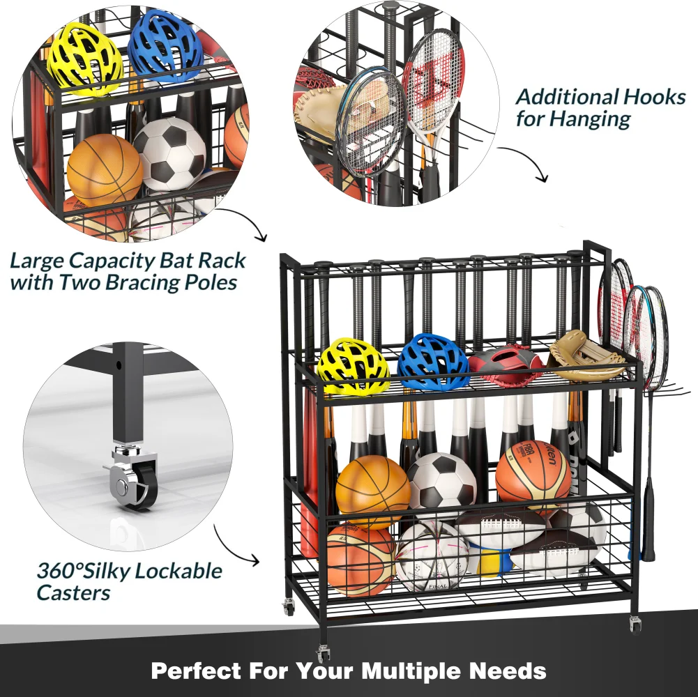 Werseon Garage Basketball Rack, Ball Storage Stand, 4 Tier Rolling Balls Organizer with Holder & Hooks, 41 x 15 x 46 Inch