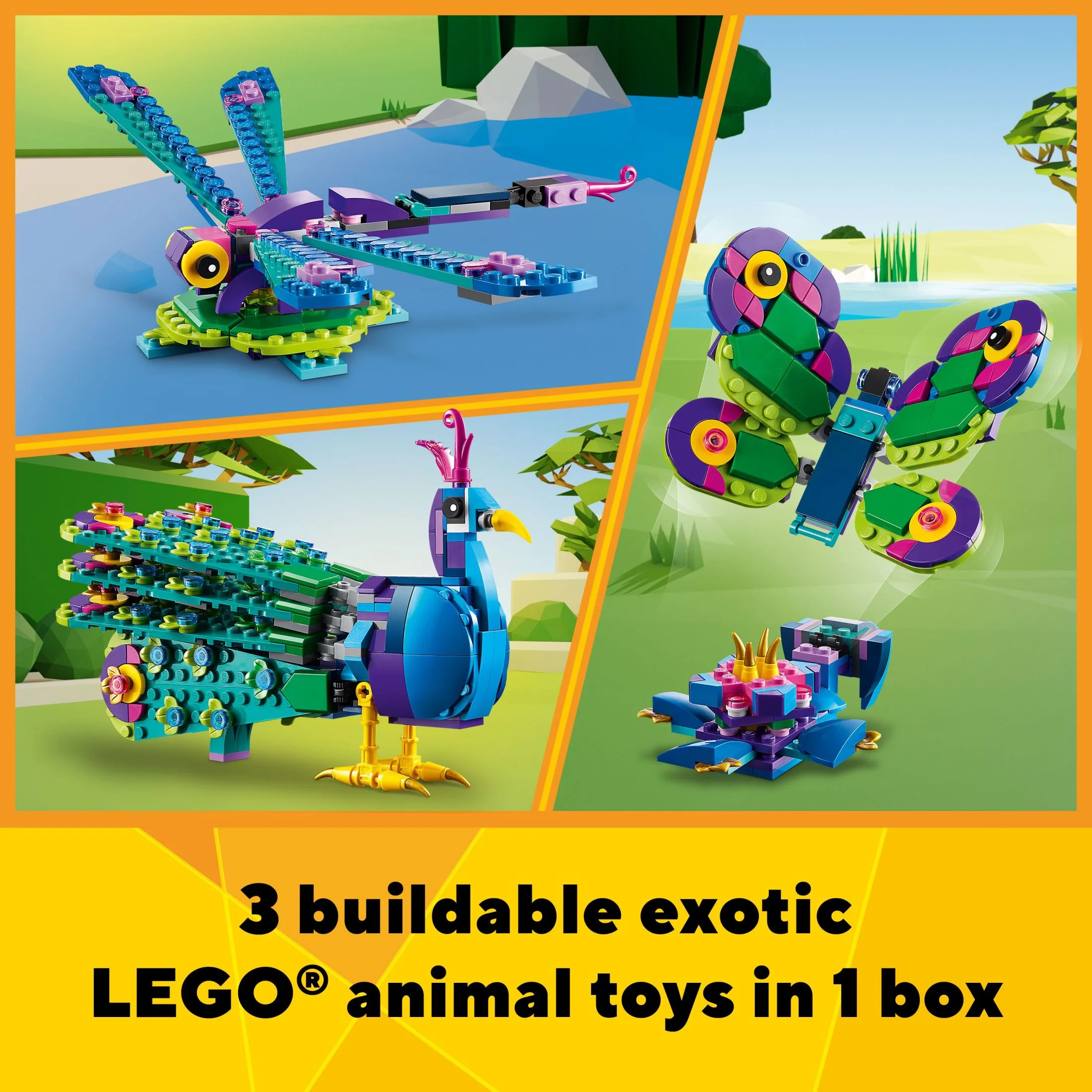 LEGO Creator 3 in 1 Exotic Peacock Toy, Transforms from Peacock to Dragonfly to Butterfly Toy, Play-and-Display Gift Idea for Boys and Girls Ages 7 Years Old and Up, Bird Toy, 31157