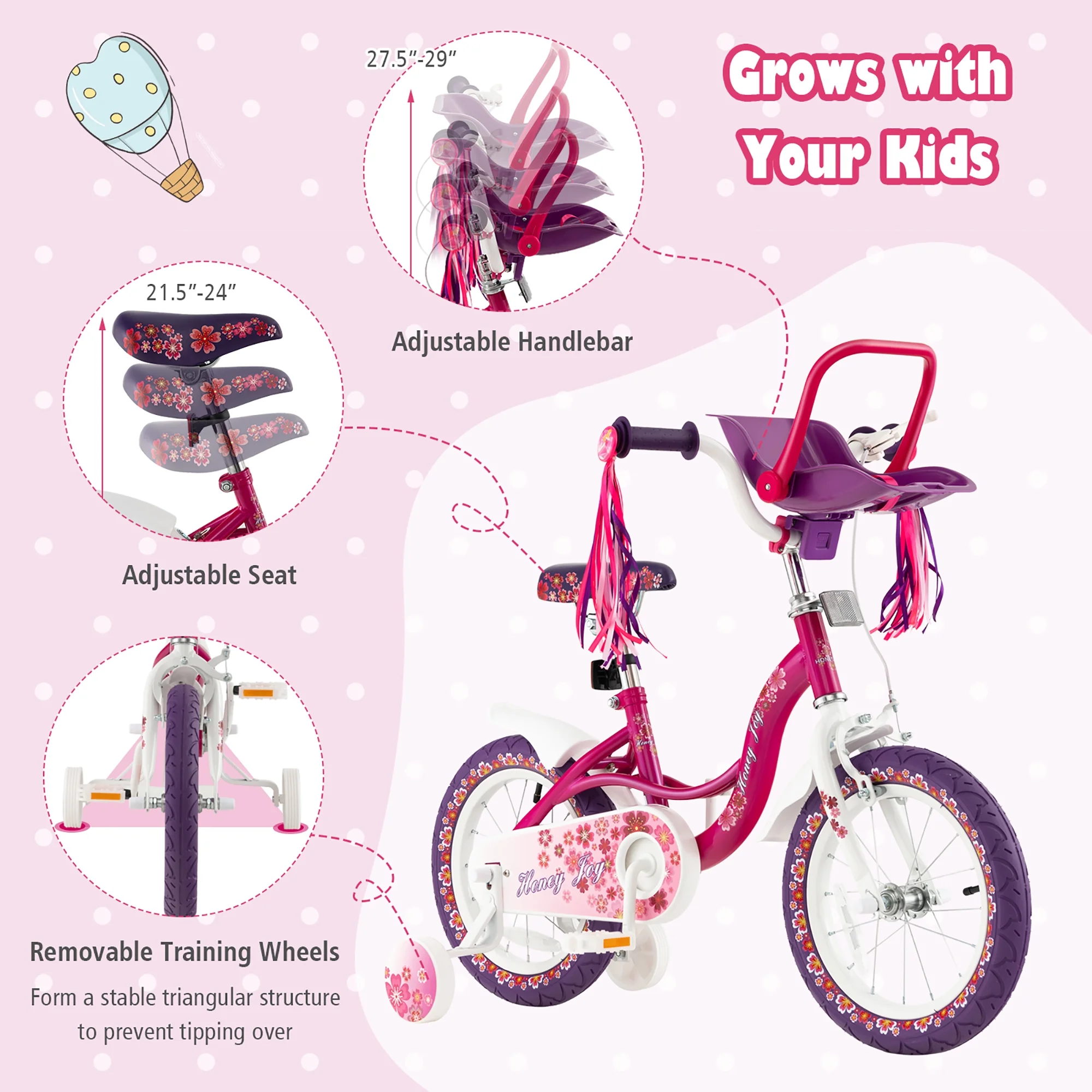 Costway 14” Kids Bike with Doll Seat Girls Bicycle with Training Wheels for 3-5 Years Old Girl