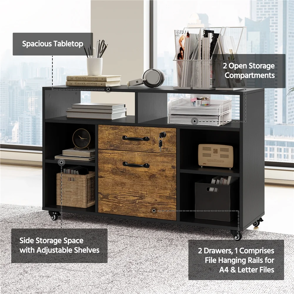 Smile Mart Industrial Wooden Rolling File Cabinet with Lockable Drawer, Black/Rustic Brown