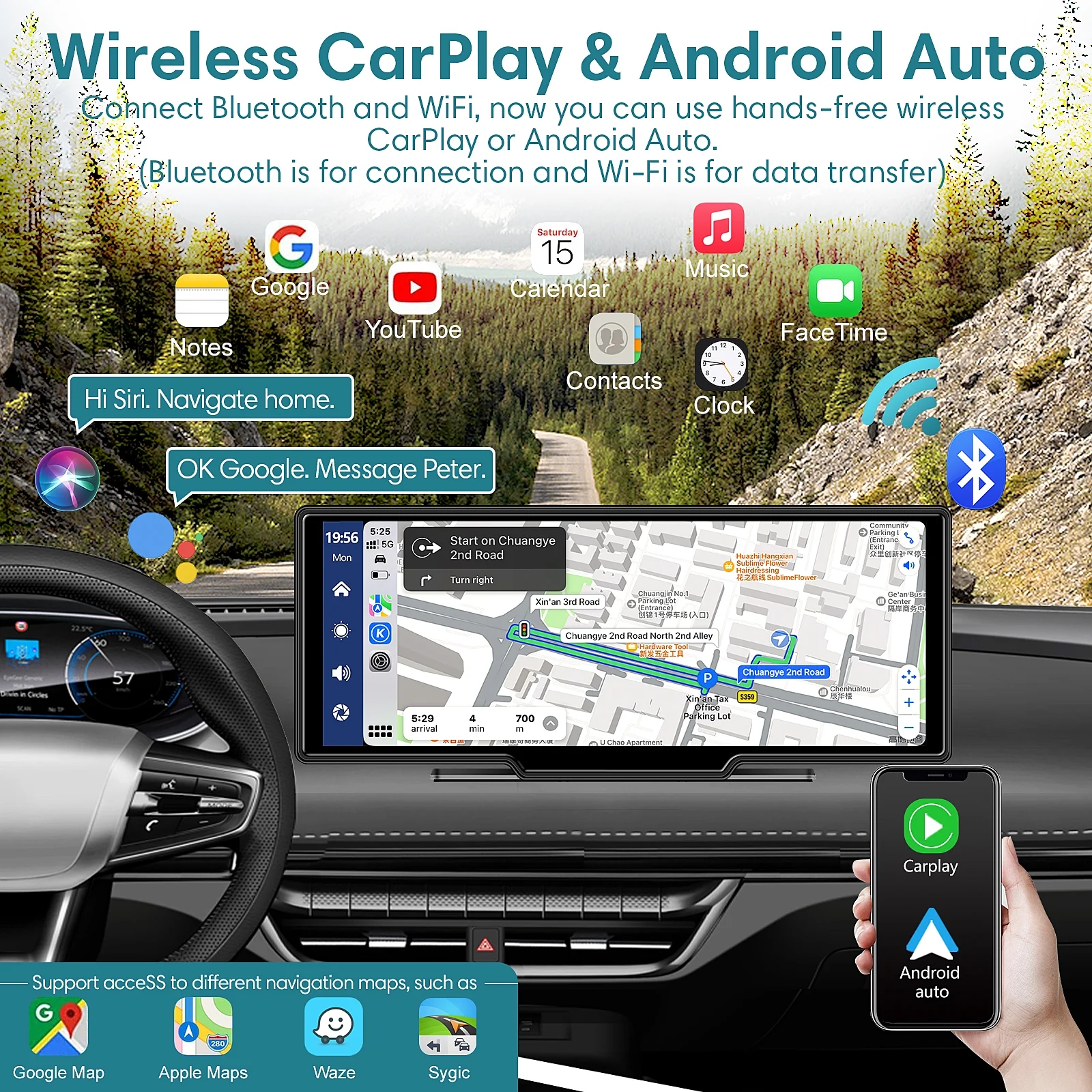 Wireless Carplay Screen for Car, 2.5K Dash Cam, 64G SD Card, Backup Camera, Bluetooth, GPS Navigation, Android Auto, 9.3″ Portable Car Stereo