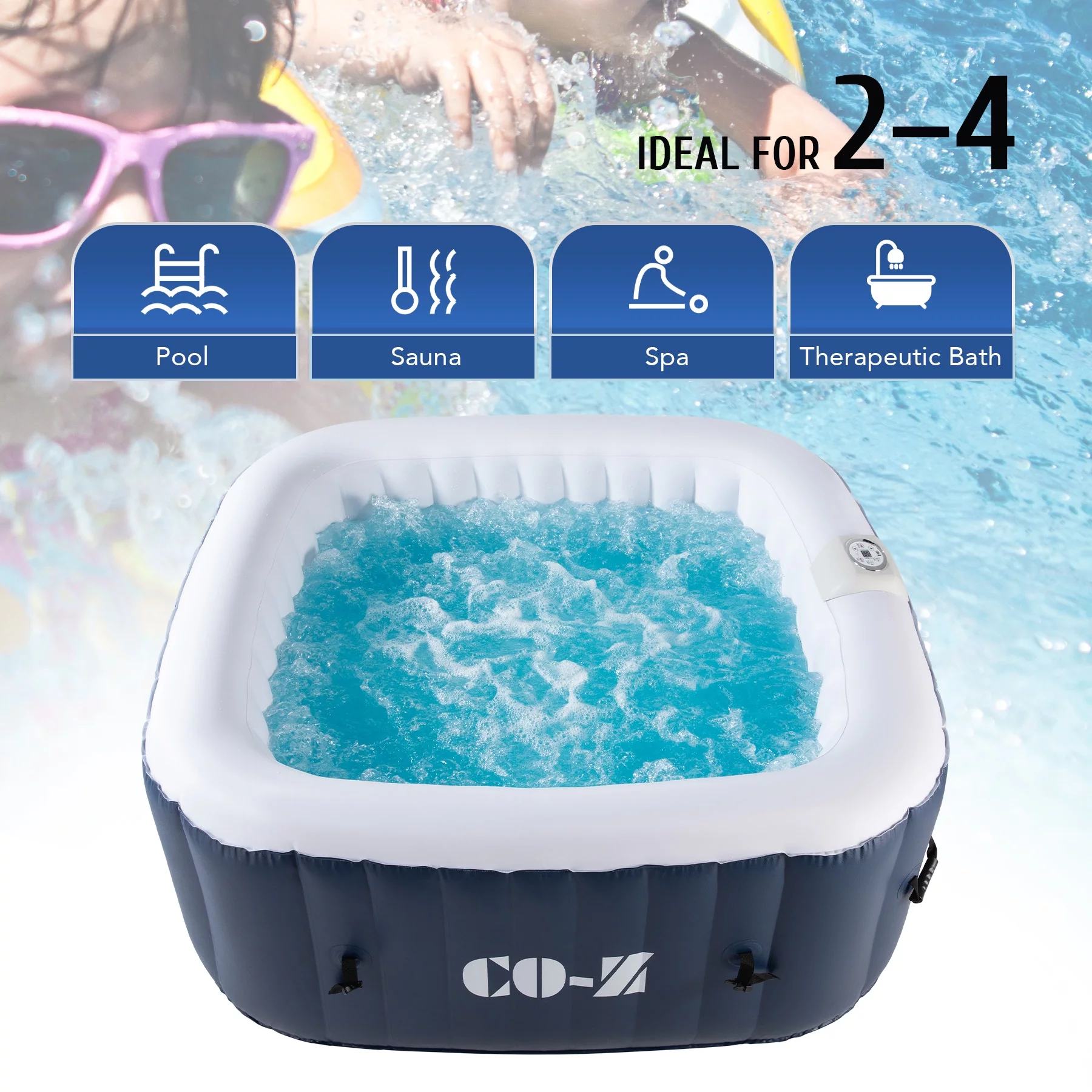 CO-Z 5x5ft PVC Square Inflatable Spa Tub & 120 Massaging Jets for Patio & More for 4-person Blue