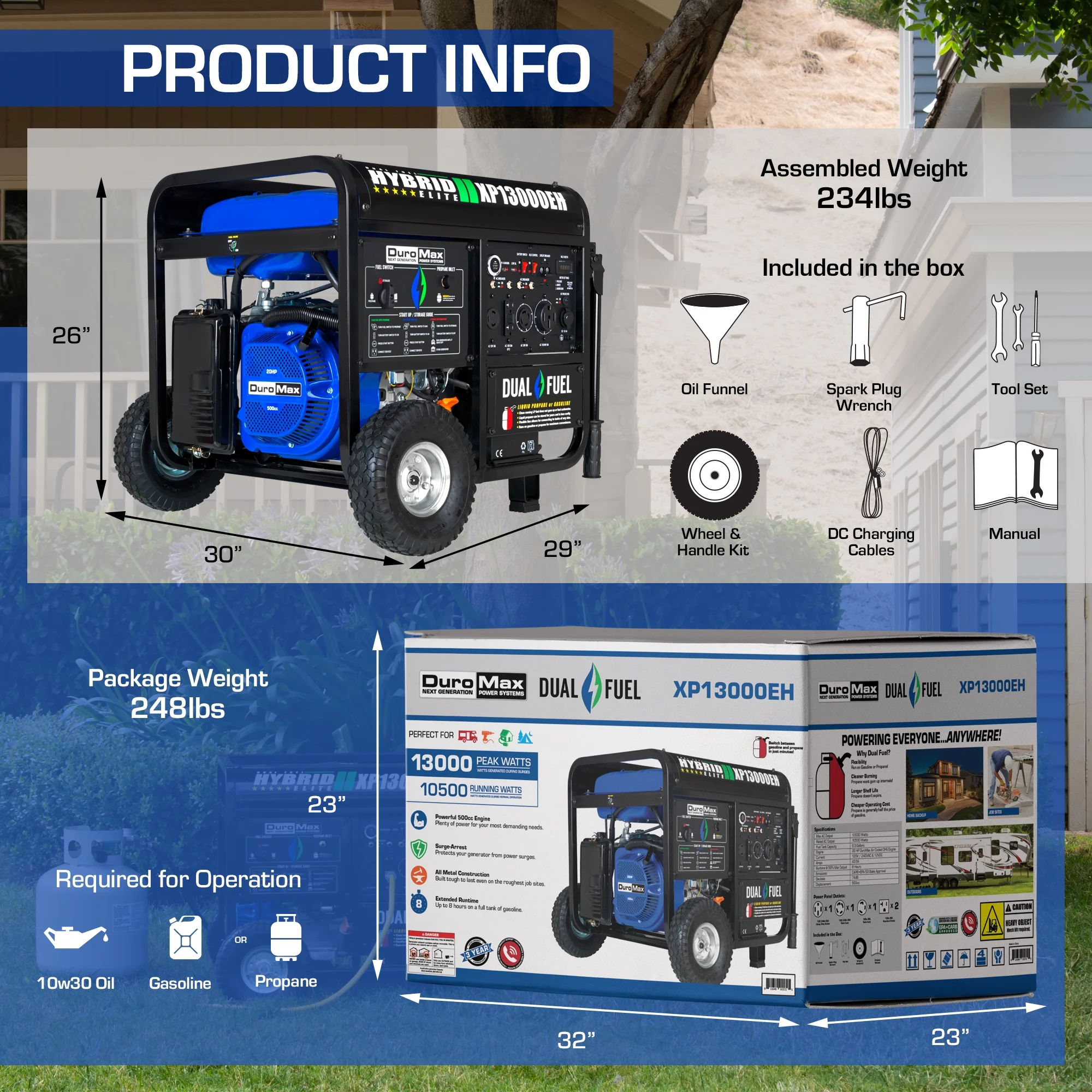 DuroMax XP13000EH 13,000-Watt 500cc Portable Hybrid Gas Propane Generator