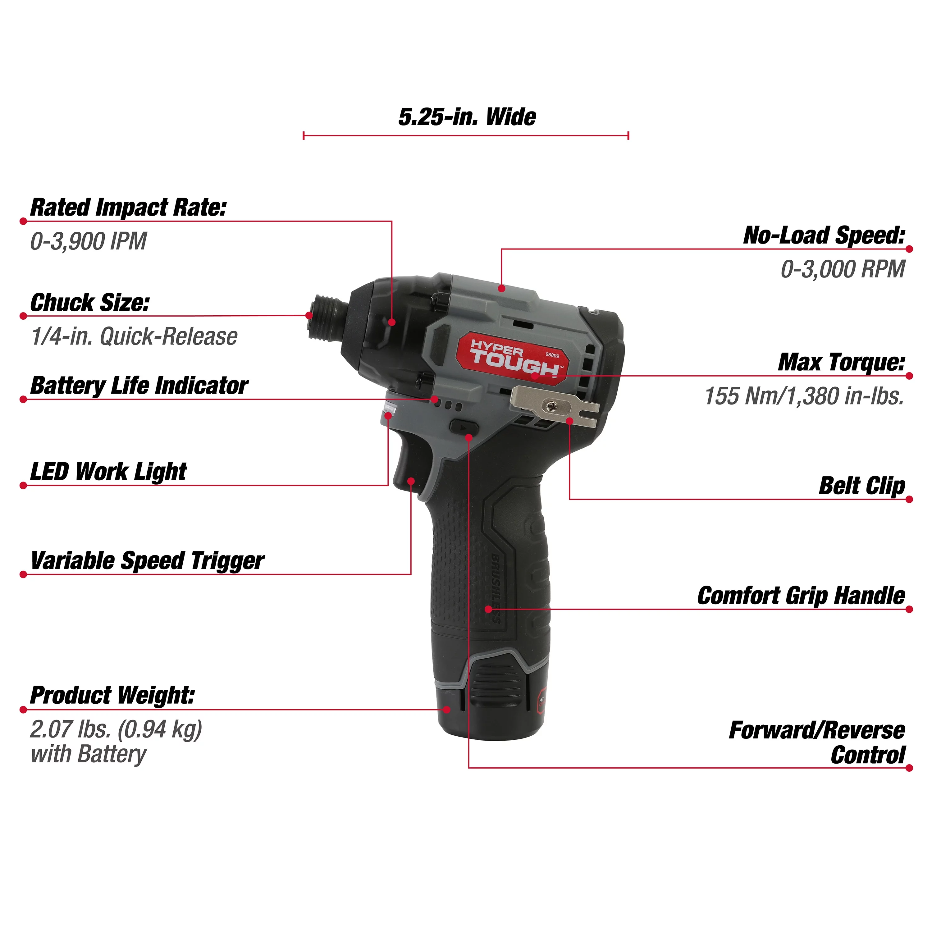 Hyper Tough 12V Max* Lithium-Ion Cordless Brushless Impact Driver with 1.5Ah Battery and Charger, Model 98809