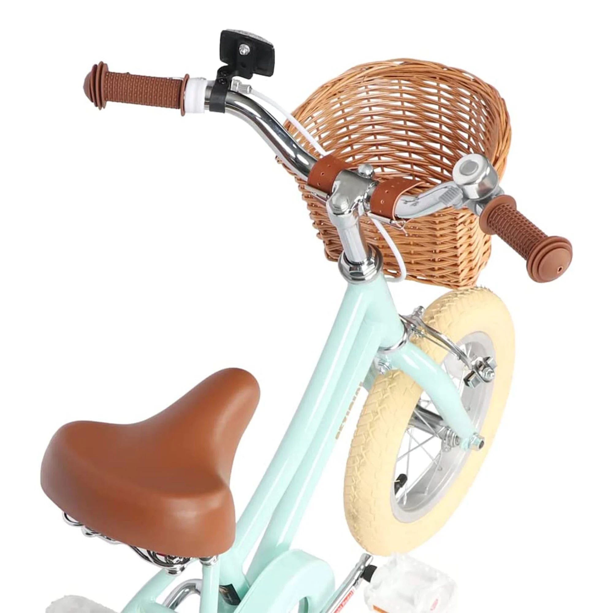 Petimini 14 Inch Child Bicycle with Basket, Bell, and Training Wheels, Mint