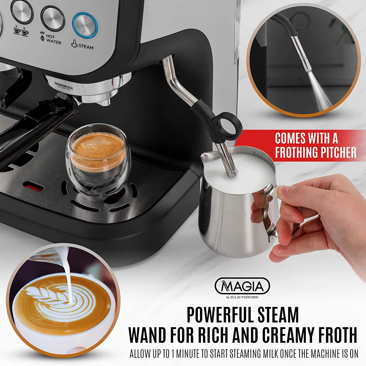 Zulay Kitchen Magia Manual Espresso Machine with Grinder and Milk Frother Latte Cappuccino Machine