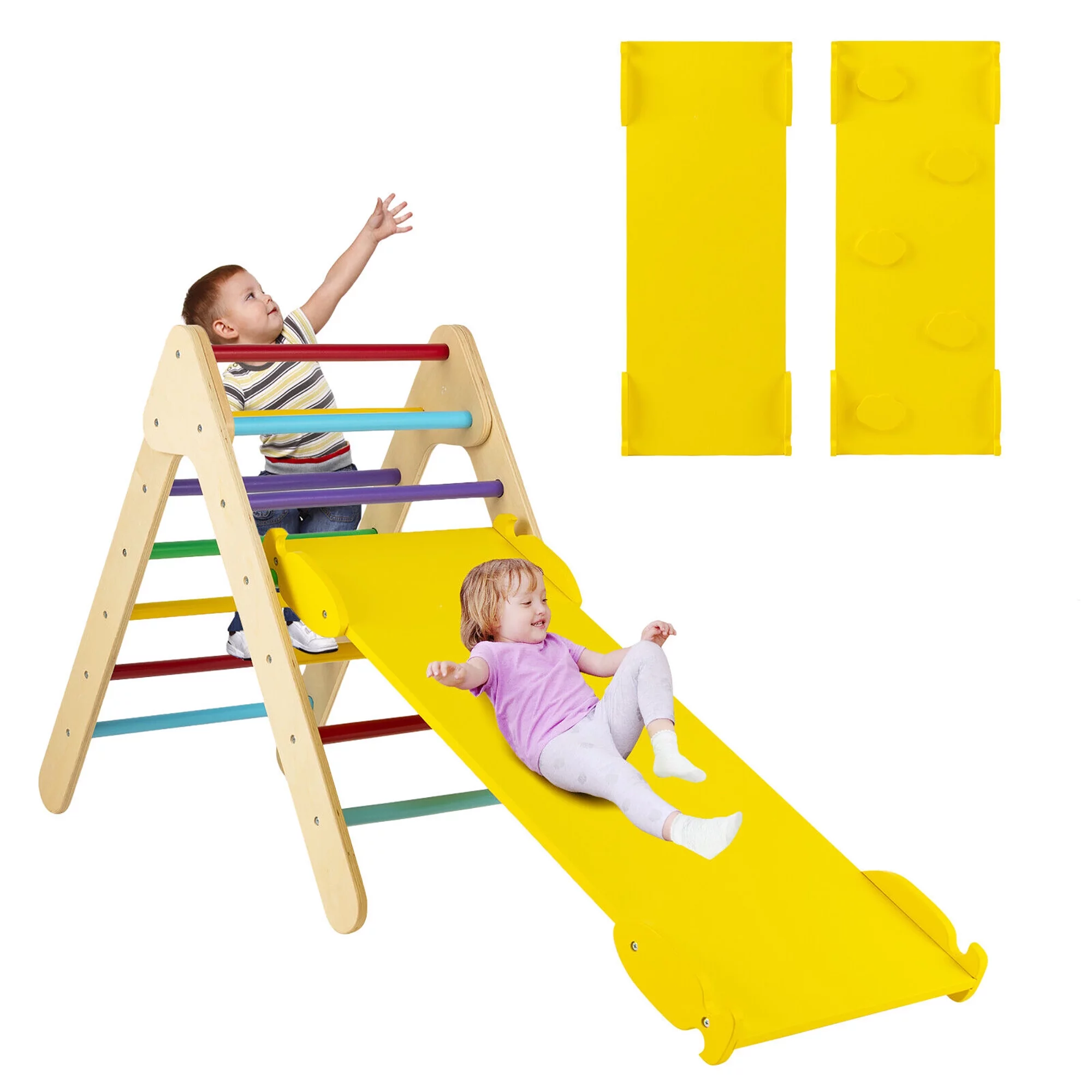 Gymax 3-in-1 Wooden Climbing Triangle Set Triangle Climber w/ Ramp Multi-color