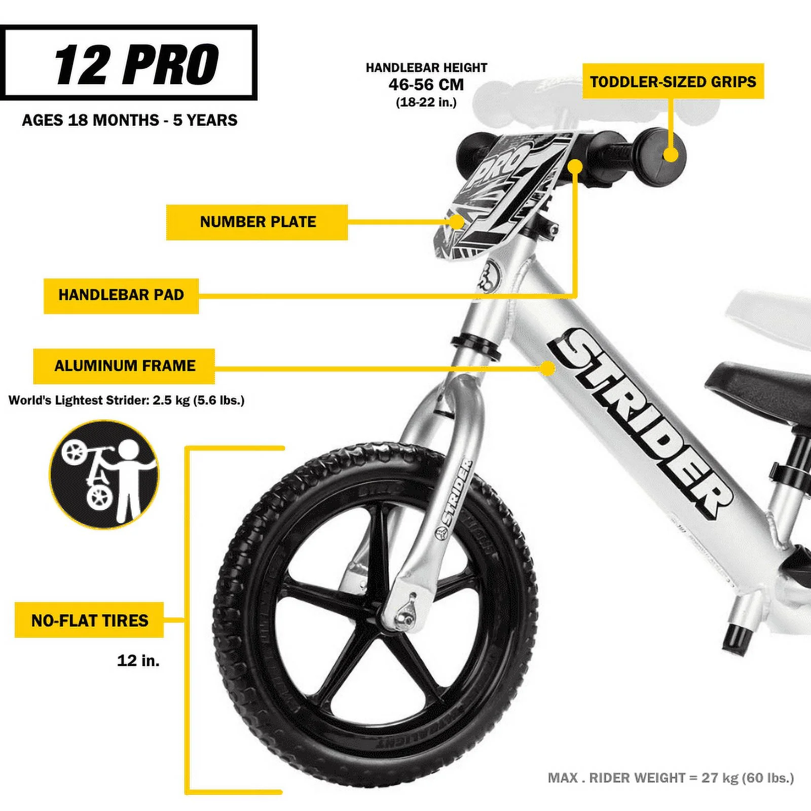 Strider – 12 Pro Balance Bike for Toddlers, Ages 18 Months to 5 Years – Silver