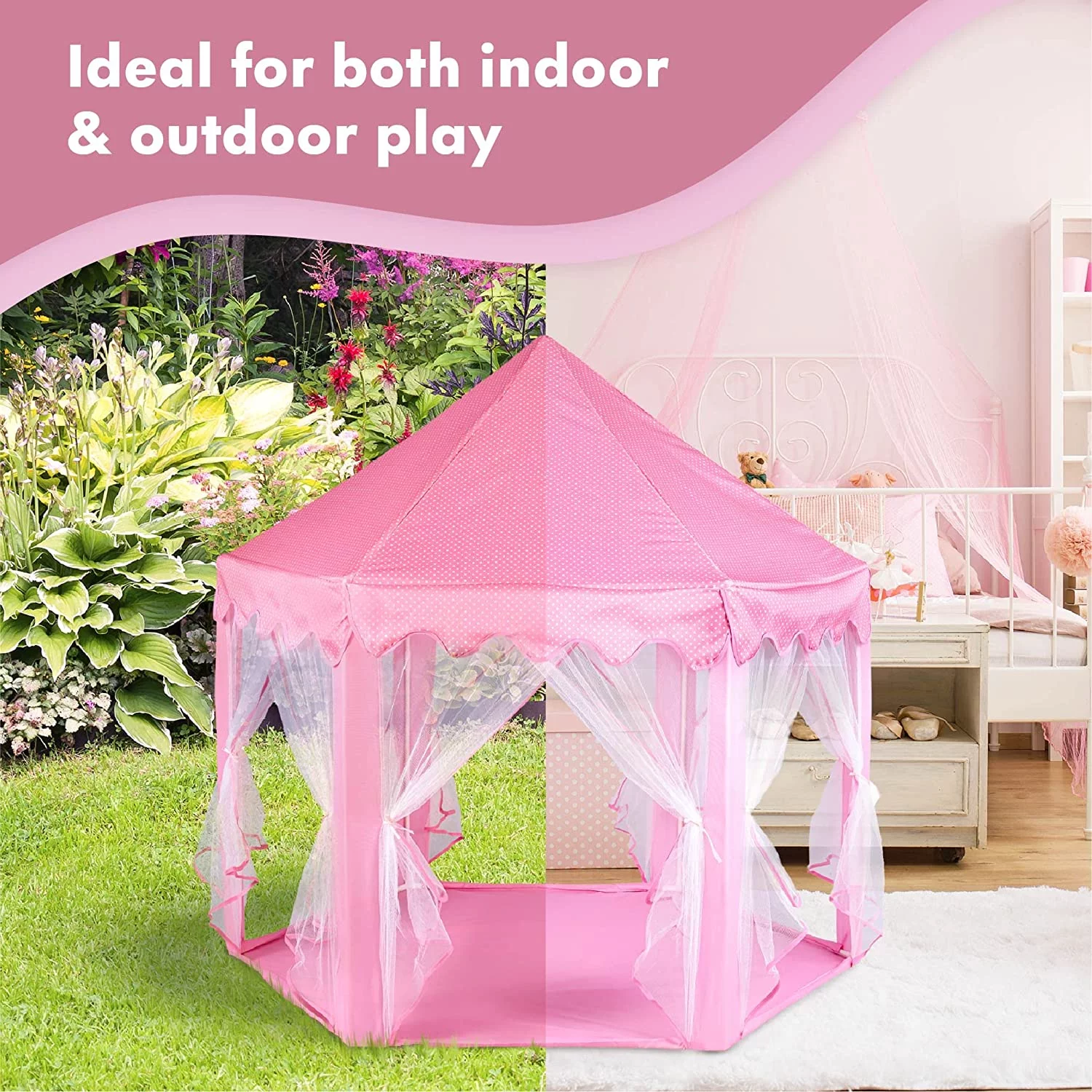 Twinkle Star 55″x 53″ Princess Castle Play Tent for Girls Playhouse with 138 LED Star String Lights and Banners Decor, Kids Game House for Indoor Outdoor Game(Pink)