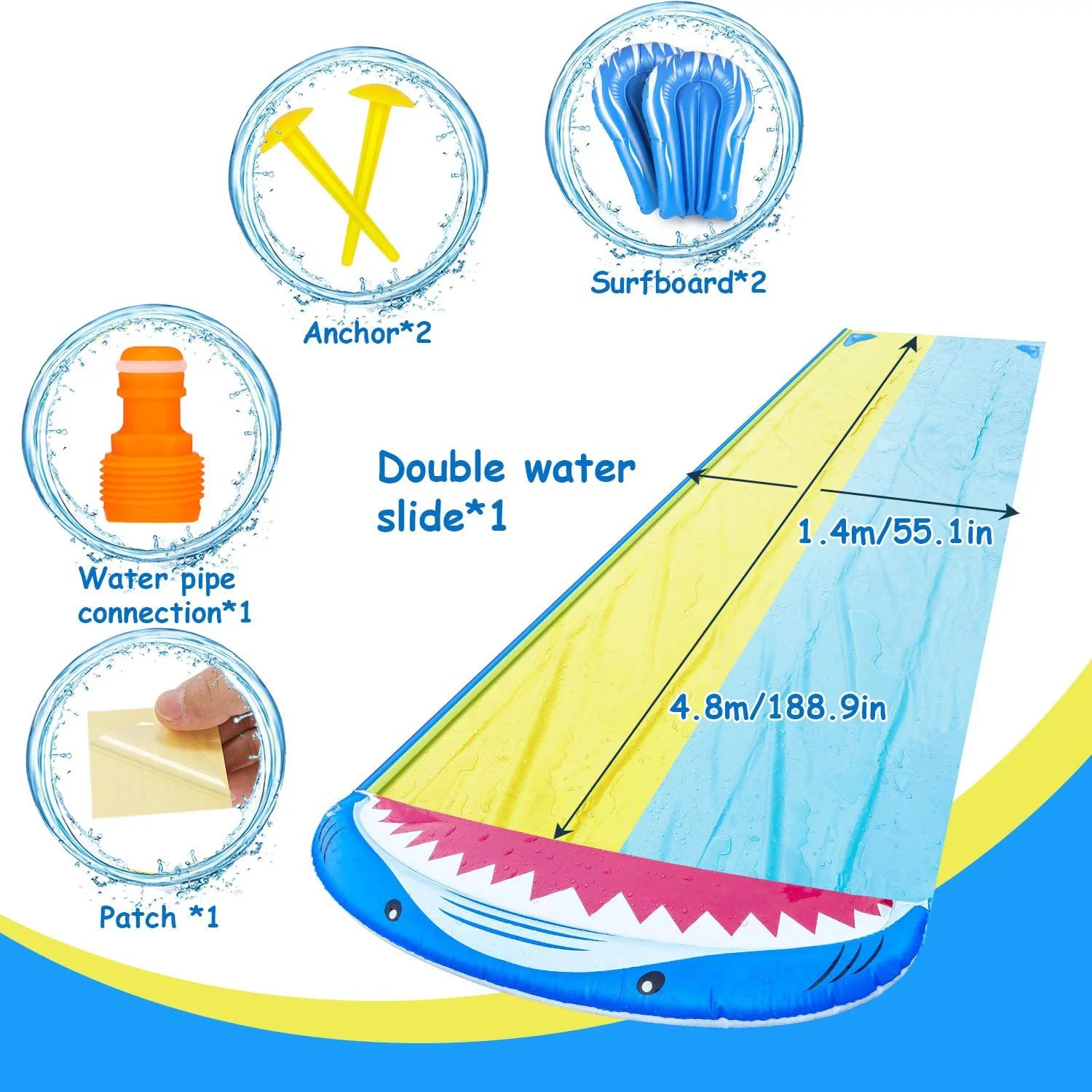 XGeek Lawn Water Slides for Kids, Water Slide with Surfboard Double Shark Water Slide with Repair Paper, Summer Outdoor Fun Toy Games for Garden Lawn and Children