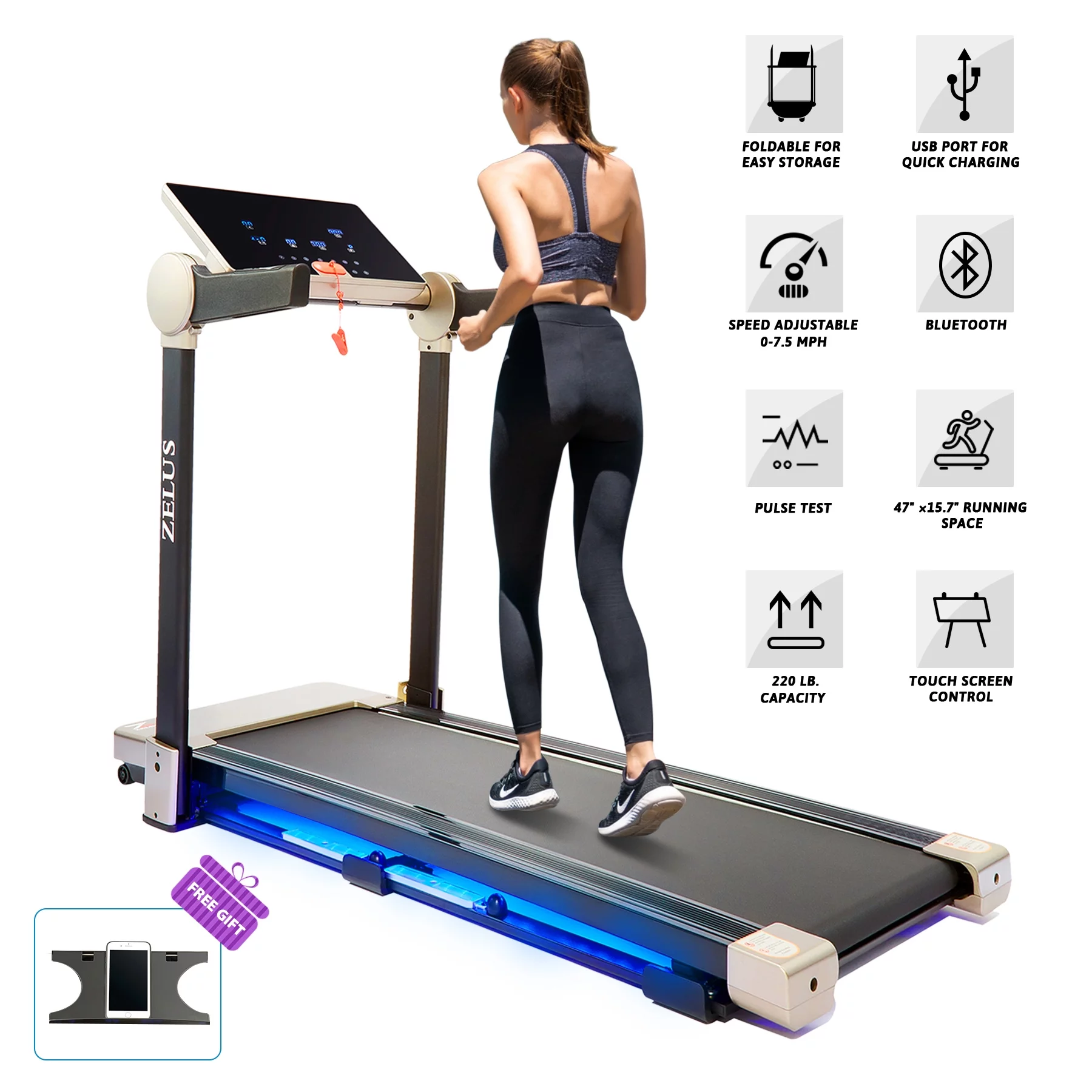 Elkmont 3HP Folding Treadmill for Home or Office with Bluetooth Speaker, 7.5mph