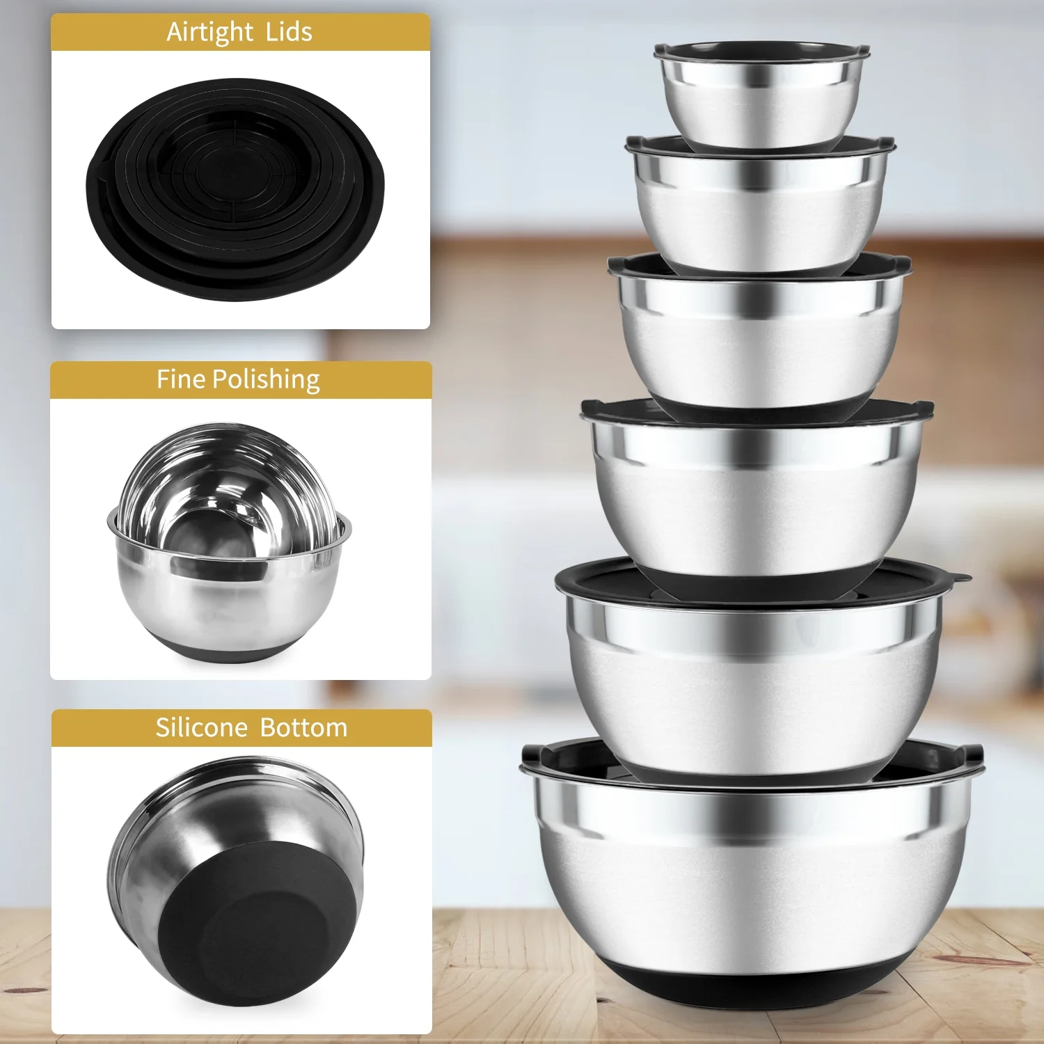 TINANA Mixing Bowls with Lids: 20 Pcs Stainless Steel Mixing Bowls Set with Rubber Bottom, 7, 4, 3.5, 2.5, 2, 1.5QT Metal Mixing Bowls for Kitchen, Multi-Color