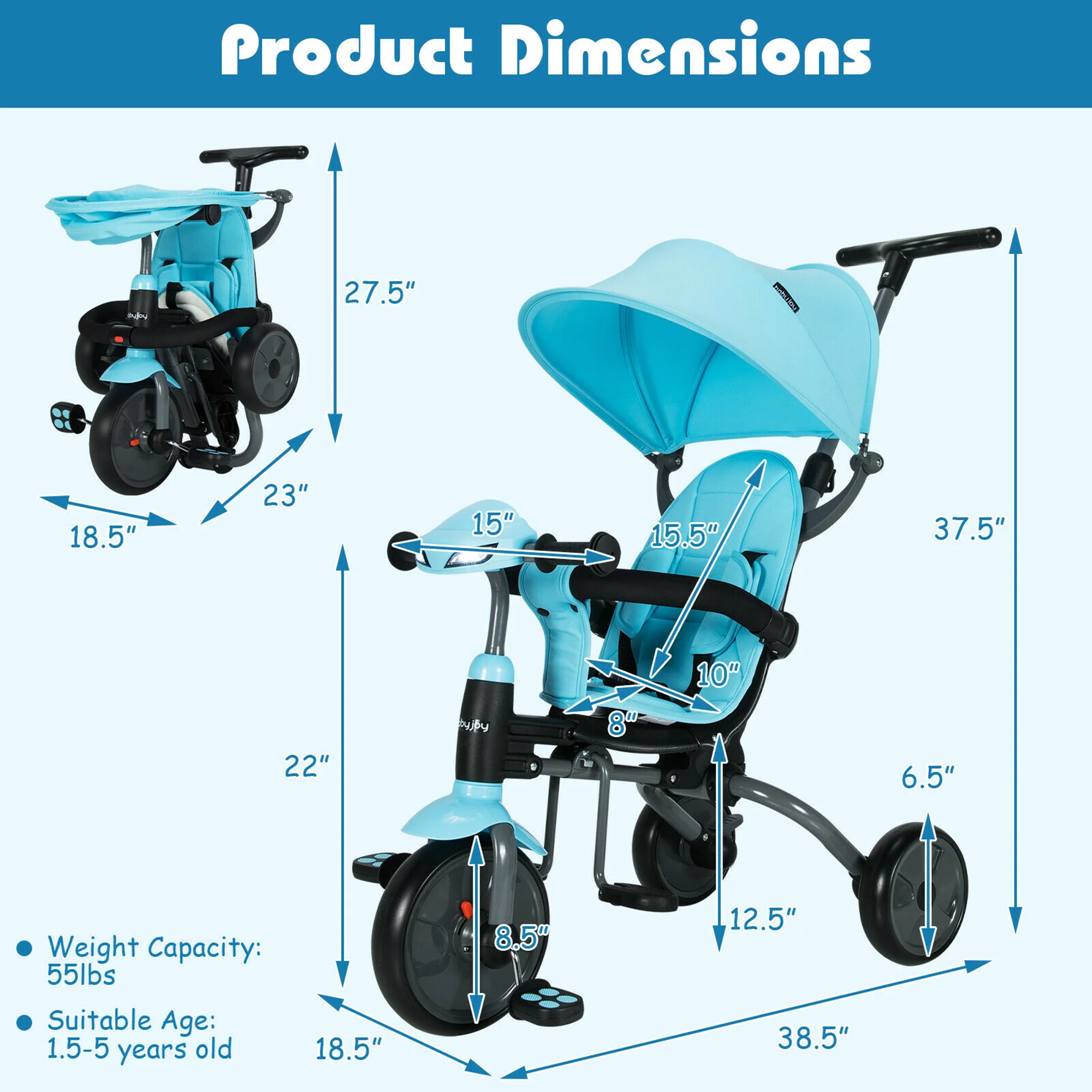 Gymax 6-in-1 Foldable Baby Tricycle Toddler Bike Stroller W/ Adjustable Handle Blue