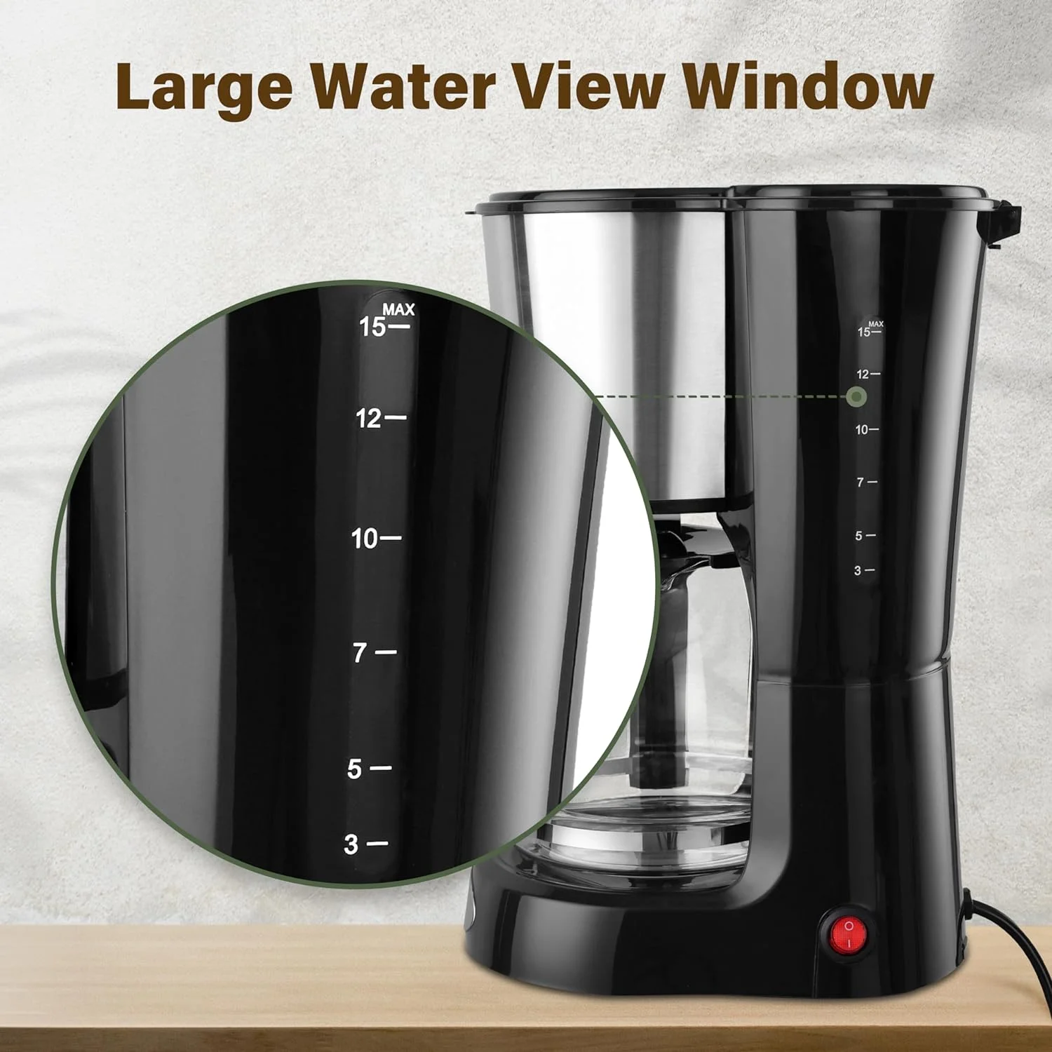 YSSOA Drip Coffee Maker 12 Cup, Anti-Drip Coffee Machine, Auto Keep Warm Function, Clear Water Level Window Coffee Pots, Small Coffee Makers Black, Stainless Steel