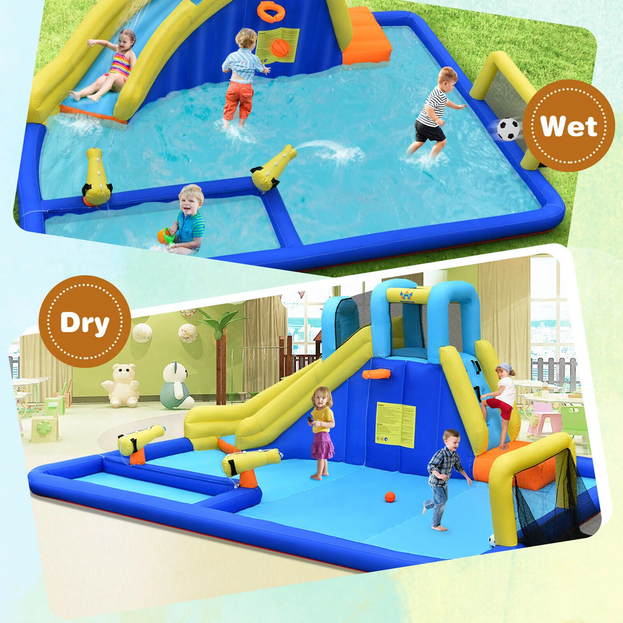 Gymax Inflatable Water Slide Climbing Bounce House Splash Pool with 735W Blower