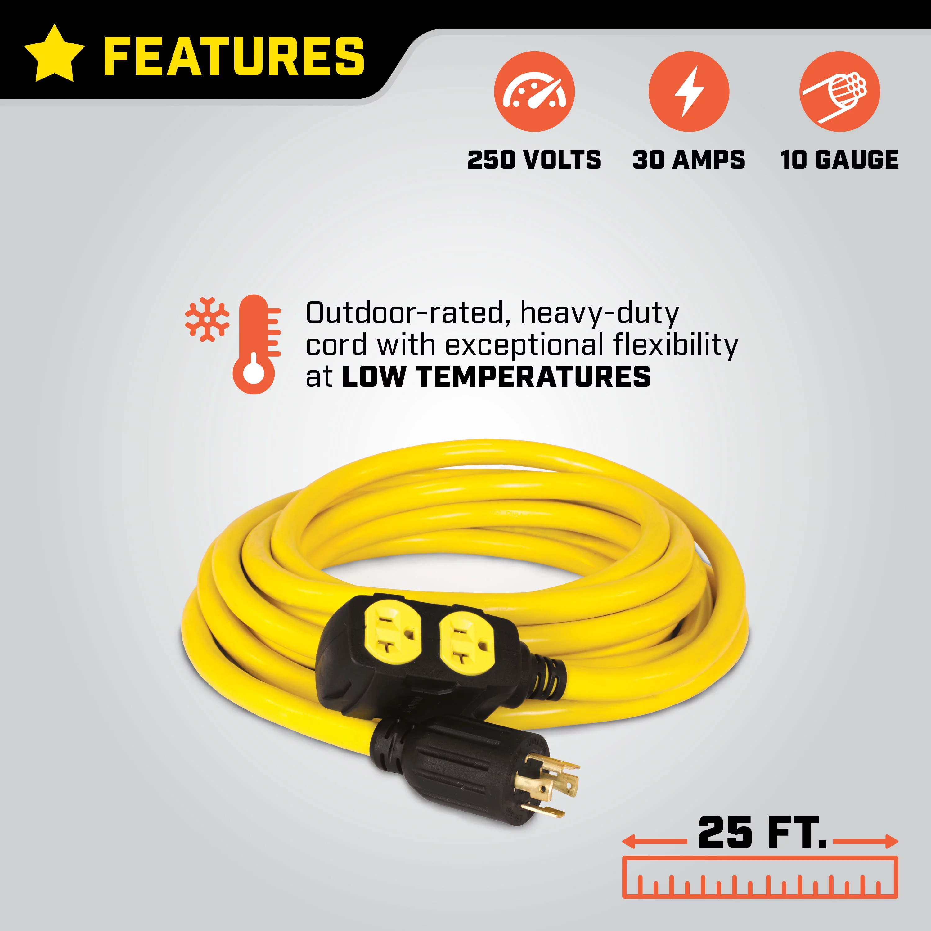 Champion Power Equipment 48036 25-Foot 30-Amp 125/250-Volt Fan-Style Generator Extension Cord (L14-30P to Four 5-20R)