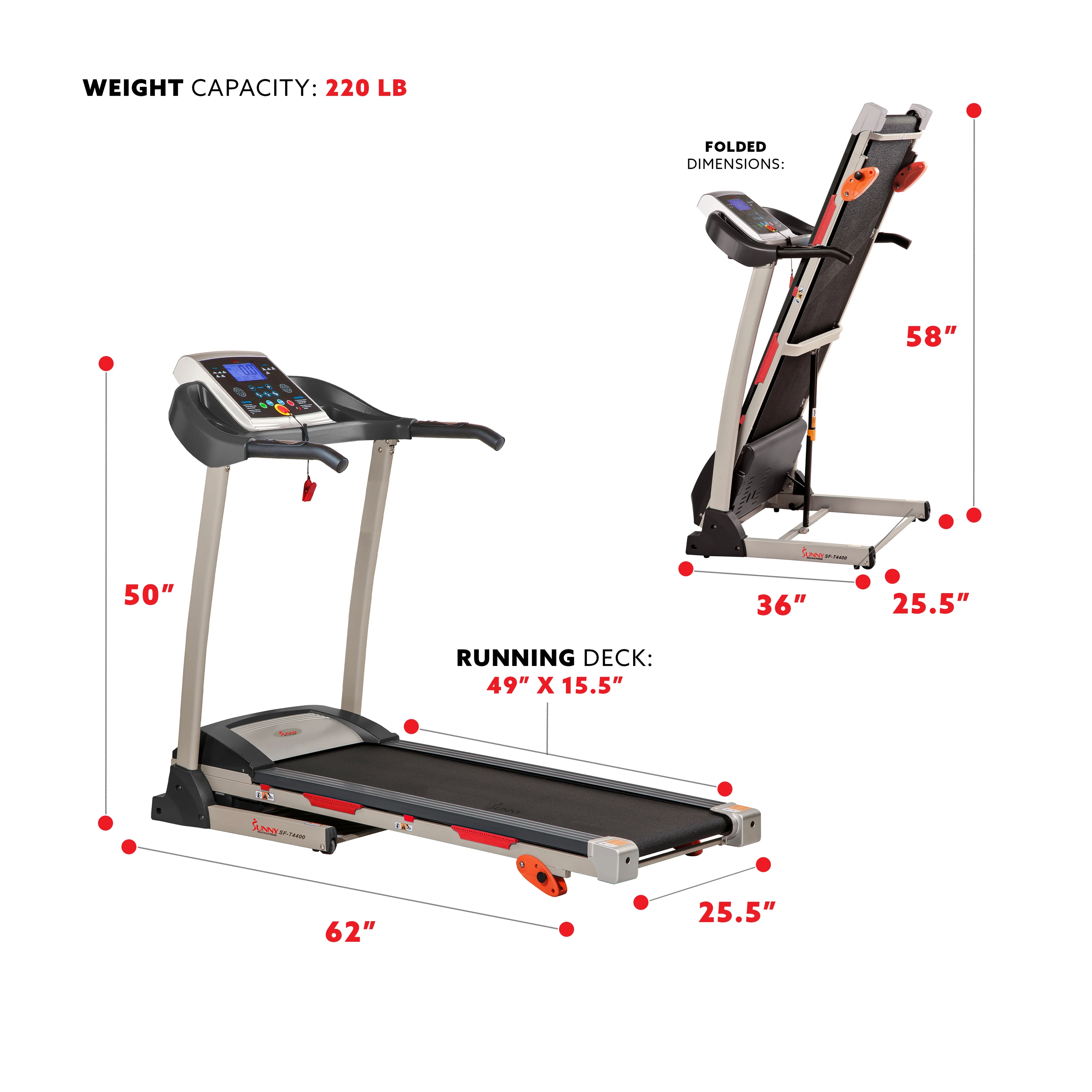 Sunny Health & Fitness Treadmill with Manual Incline, Pulse Sensors, Folding, LCD Monitor for Exercise SF-T4400