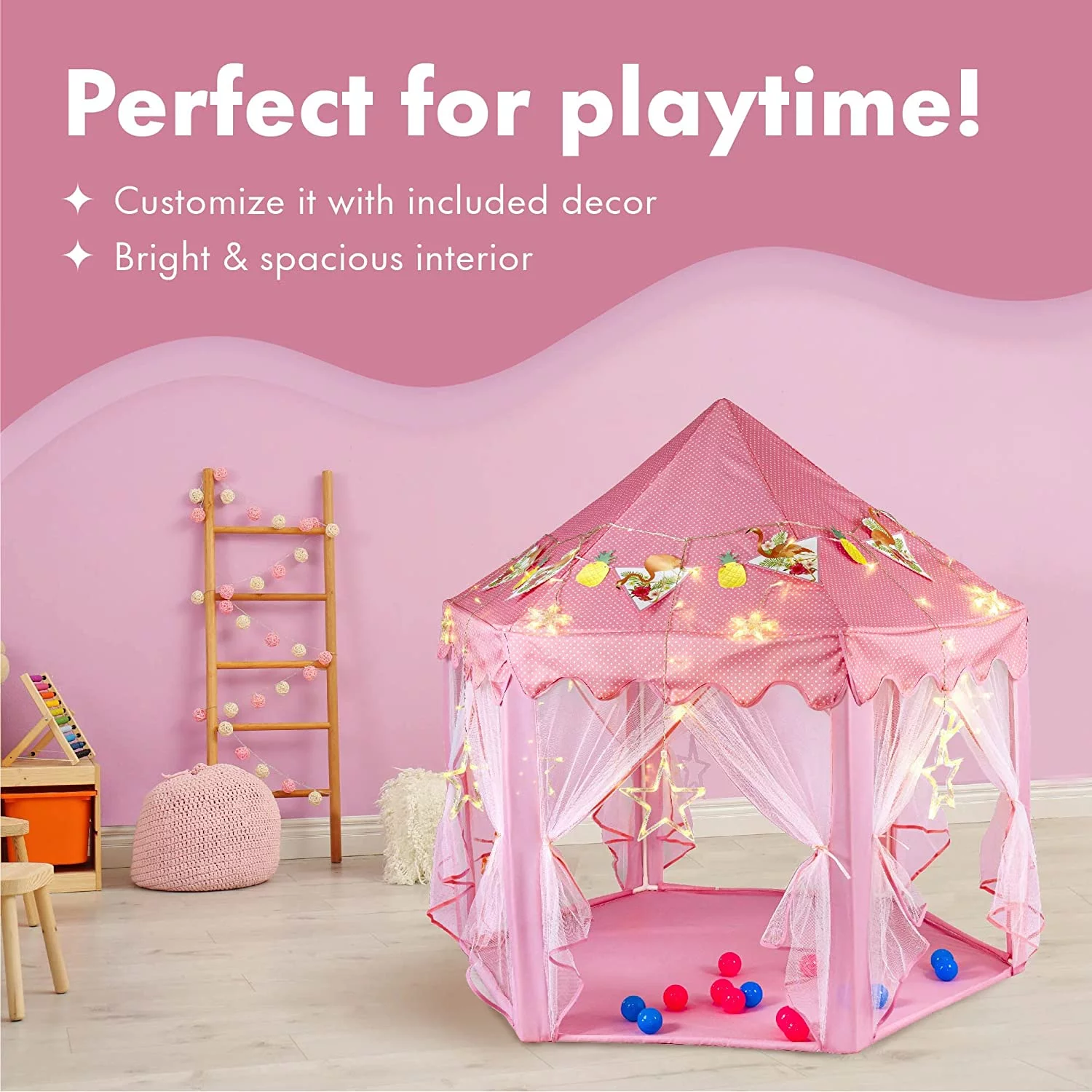 Twinkle Star 55″x 53″ Princess Castle Play Tent for Girls Playhouse with 138 LED Star String Lights and Banners Decor, Kids Game House for Indoor Outdoor Game(Pink)