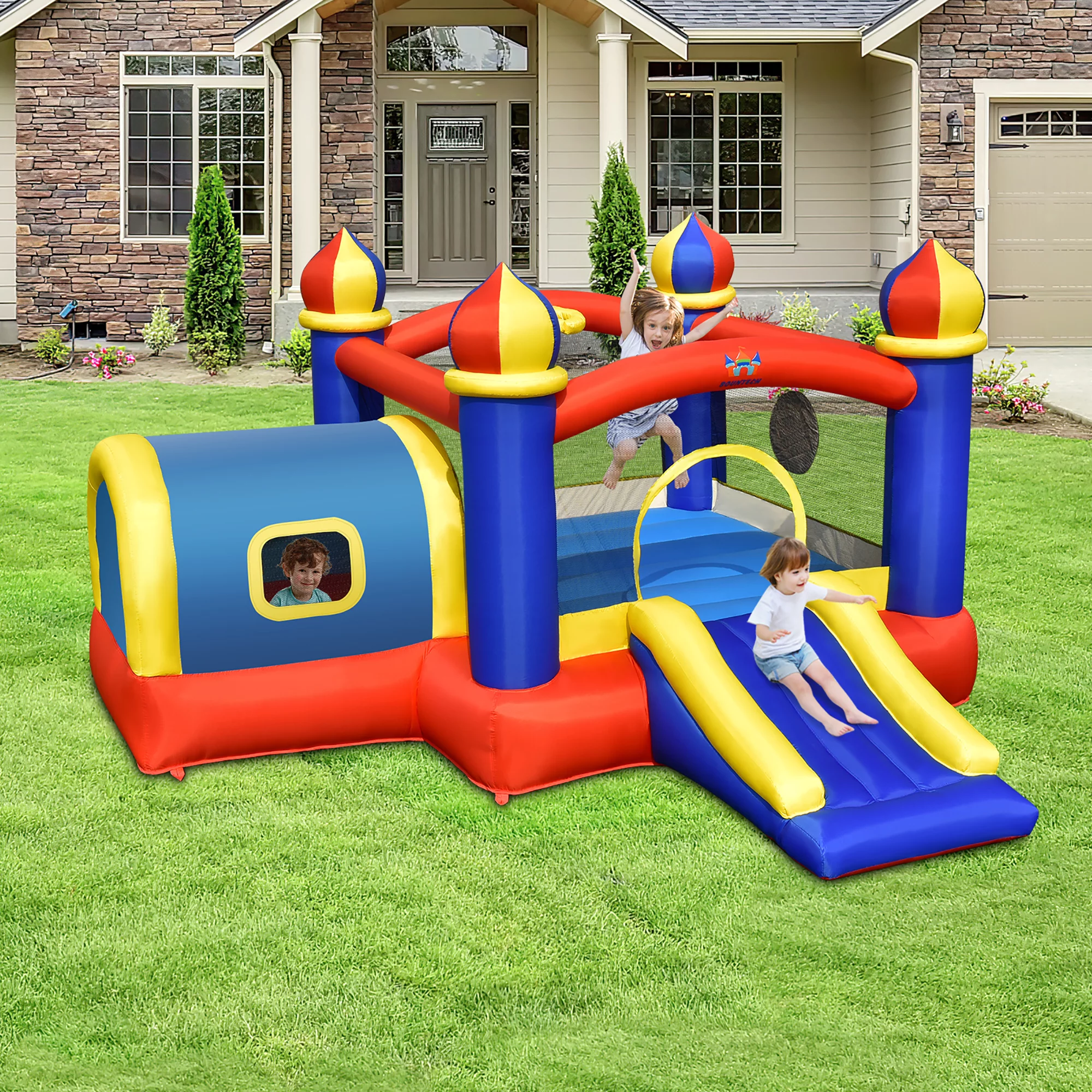 Costway Inflatable Castle Kids Bounce House w/ Slide Jumping & Playhouse Blower Excluded