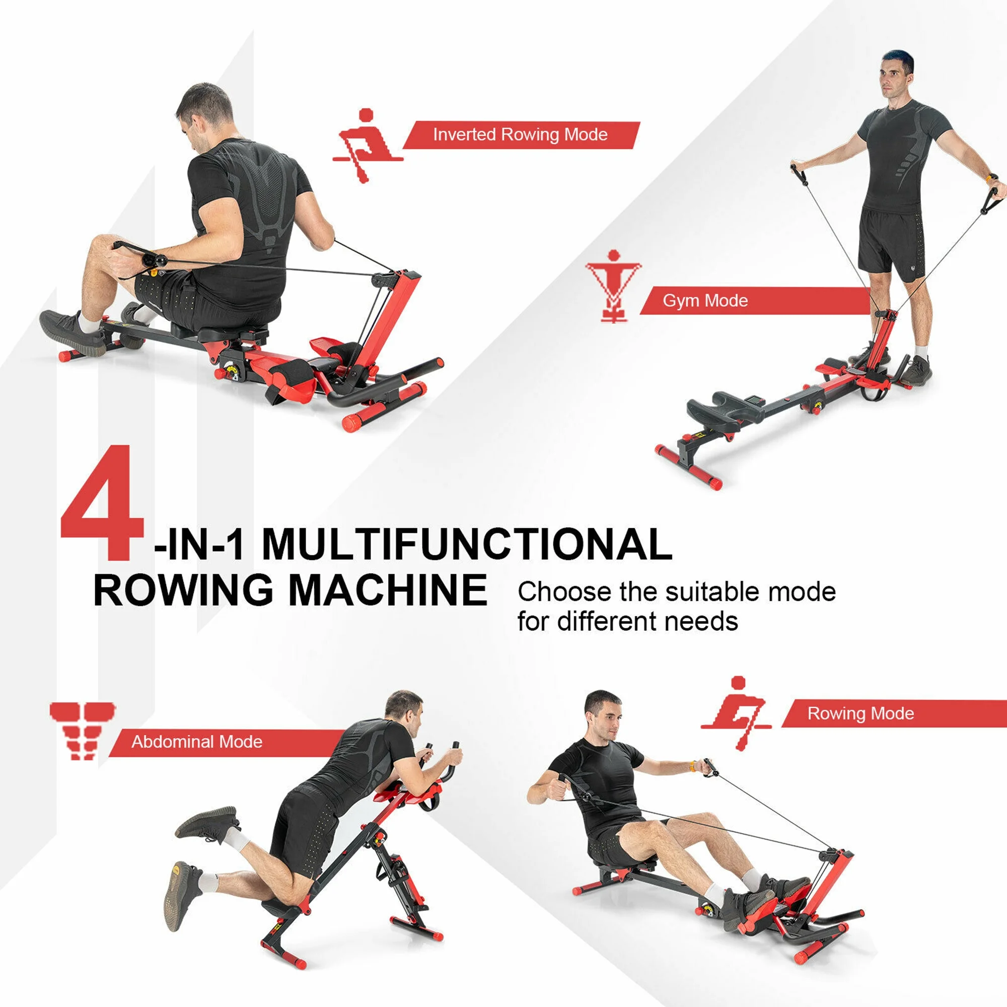 Gymax 4 in 1 Folding Rowing Machine AB Crunch Workout Machine W/Control Panel Home Gym