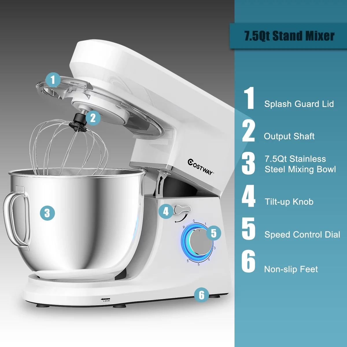 Costway Tilt-Head Stand Mixer 7.5 Qt 6 Speed 660W with Dough Hook, Whisk & Beater White