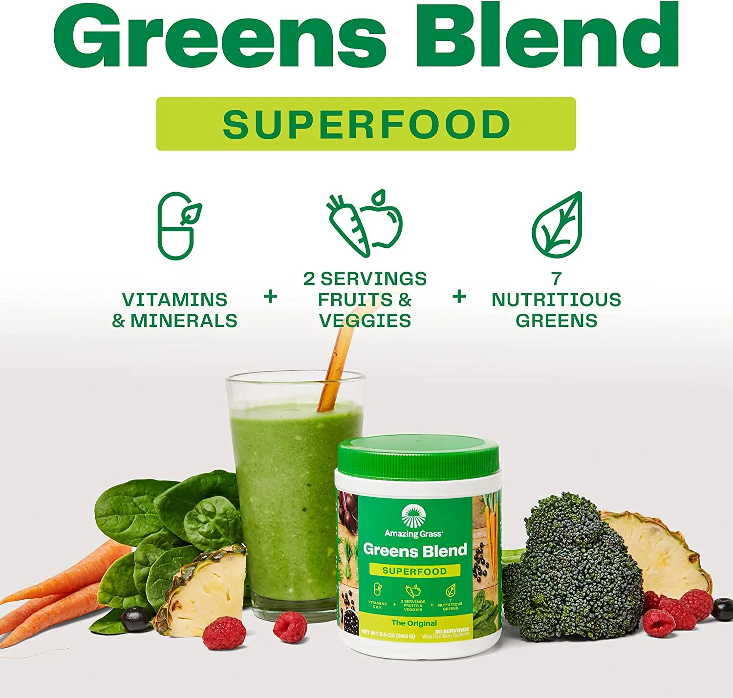 Amazing Grass, Greens Blend Superfood, the Original Superfood Powder, 1.06 lb, 60 Servings