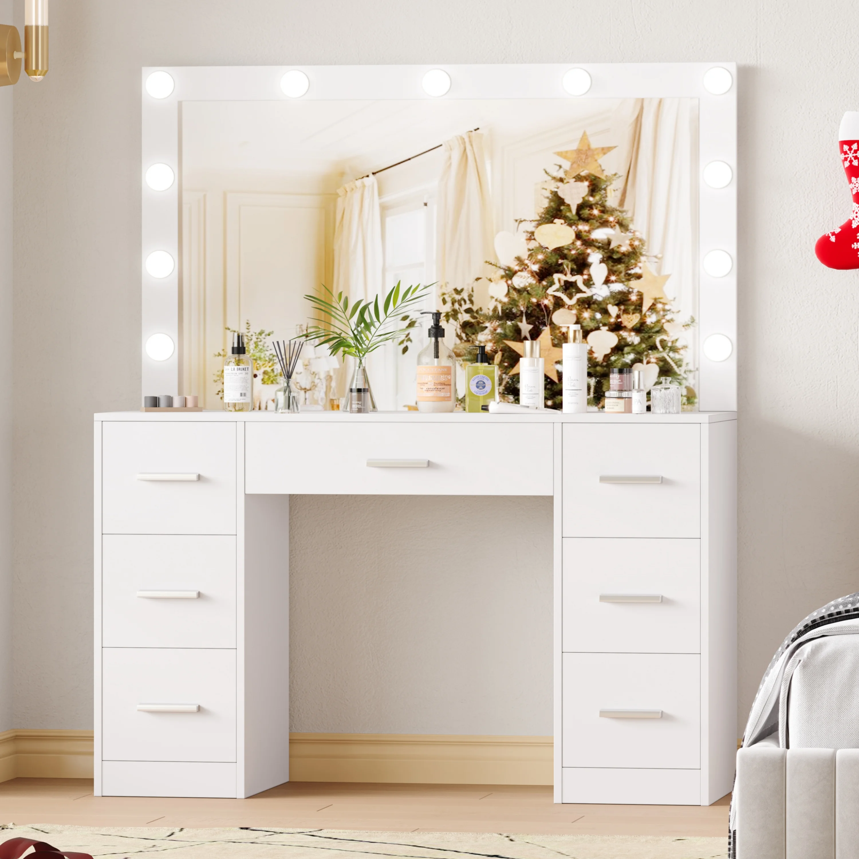 Makeup Vanity Table with Large Mirror and 3-mode Lights, 7-Drawer Dressing Table, Bedroom Makeup Table, White LYVT004W