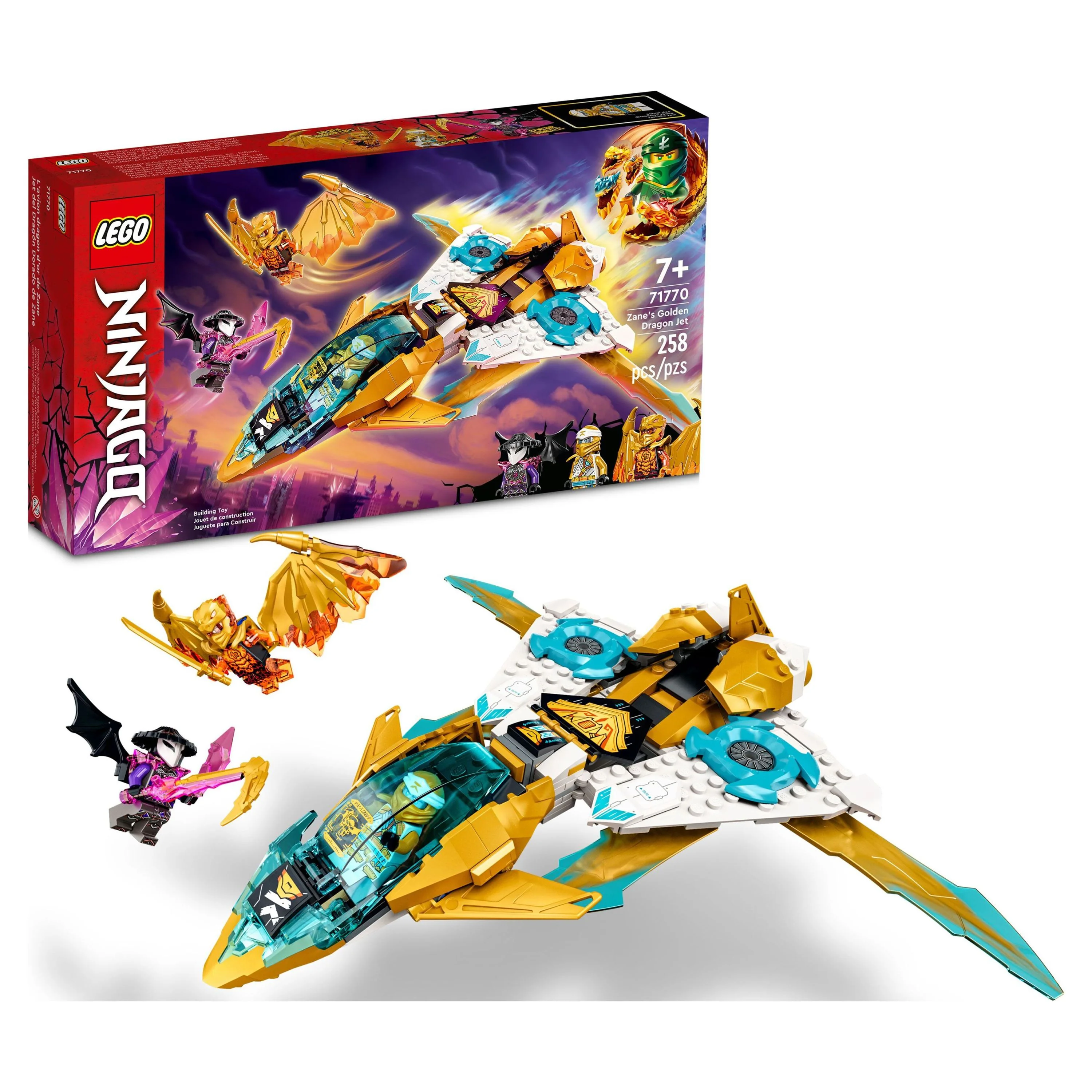 LEGO NINJAGO Zane’s Golden Dragon Jet, 71770 Toy Plane Set, Birthday Gift Idea for Kids, Boys and Girls 7 Plus Years Old with Cole & Zane Minifigures