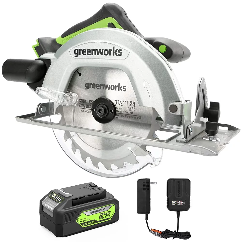 Greenworks 24V Brushless Cordless 7.25” Circular Saw 4,500 RPM, with 4Ah Battery and 2A Charger