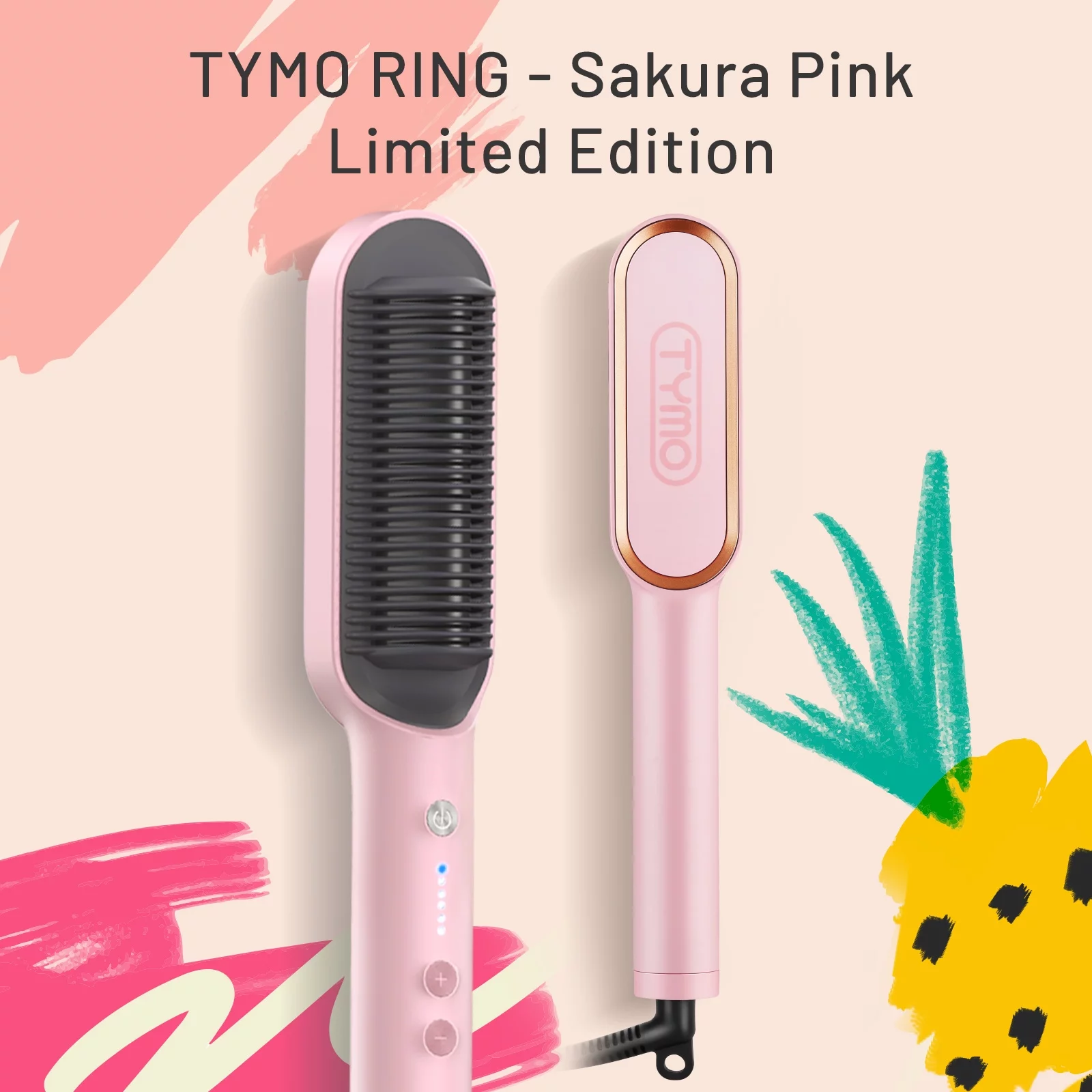 TYMO Ring Pink Hair Straightener Brush ? Hair Straightening Iron with Built-in Comb, 20s Fast Heating & 5 Temp Settings & Anti-Scald