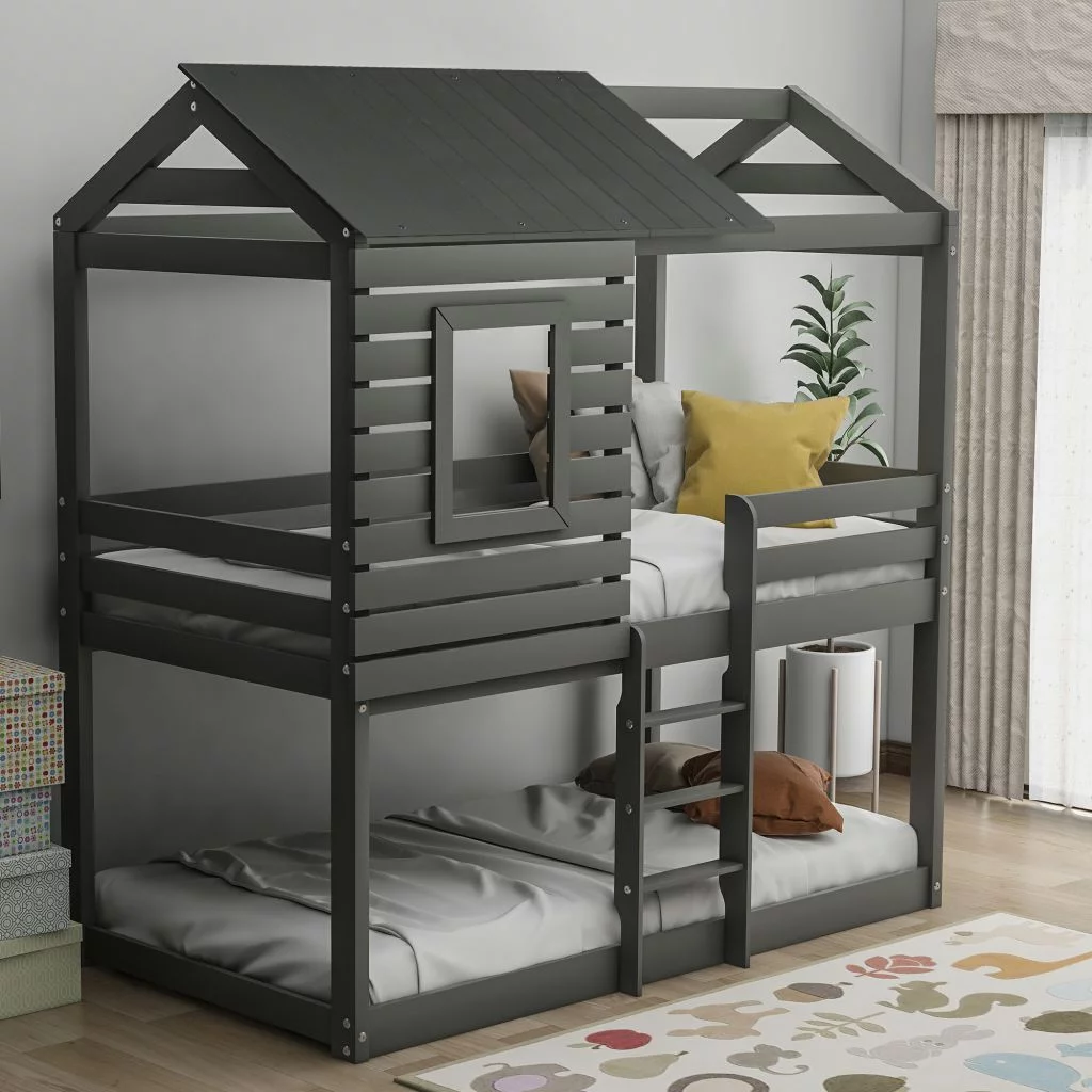 Twin Over Twin Bunk Bed Wood Loft Bed with Roof, Window, Guardrail, Ladder for Kids, Teens, Girls, BoysPlayhouse Design Floor Bed Reliable Safety Design Gray