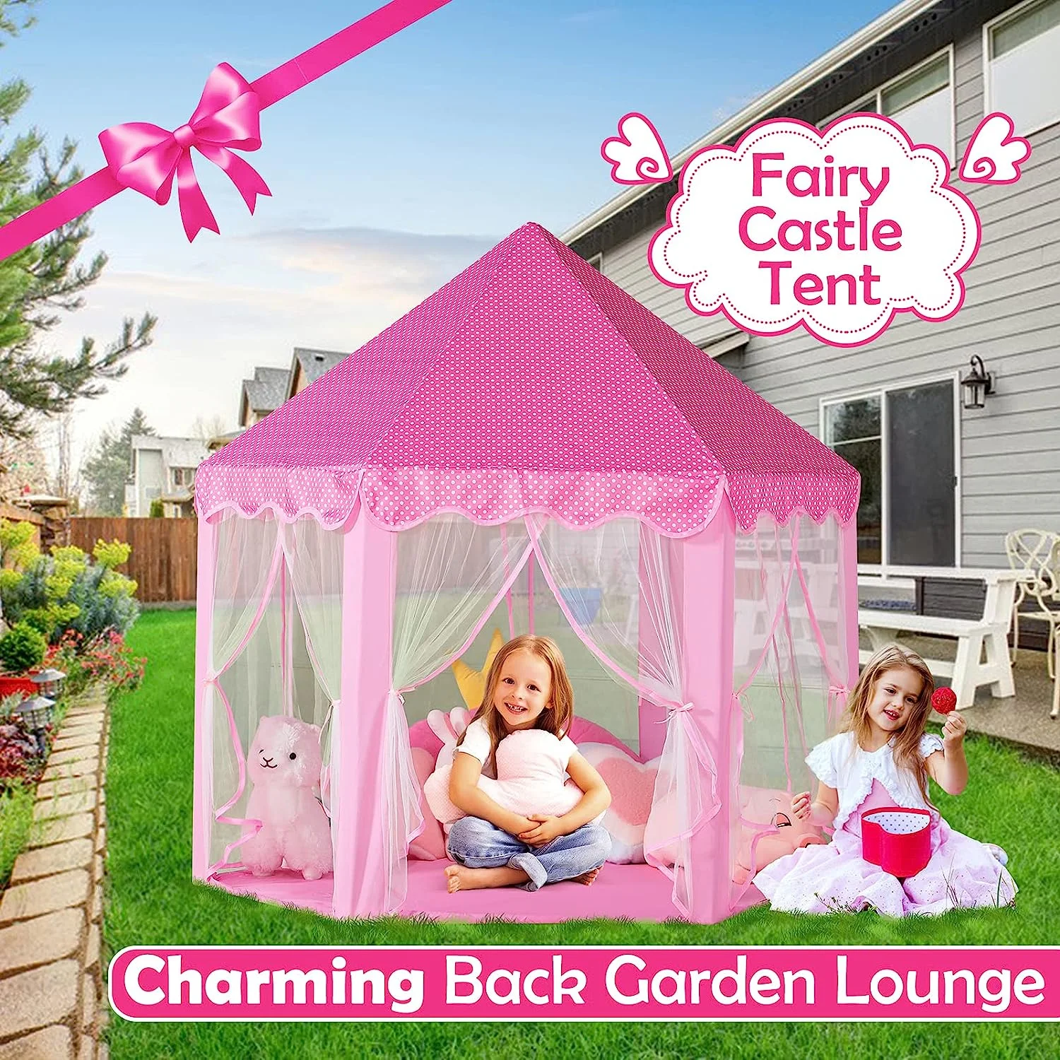 Scheam Princess Castle Play Tent for Girls Large Kids Play Tents Hexagon Playhouse with 19.7FT Star Lights Toys for Children Indoor Games (Pink)