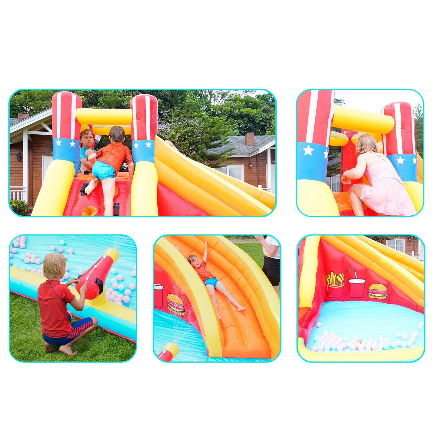 Inflatable Outdoor Backyard Water Slide Splash Toy with Climbing Wall, Splash Pool, Water Cannon, Heavy Duty Blower, Water Sprinkler, Stakes, Repair Patches, Storage Bag for Outdoor Summer Fun