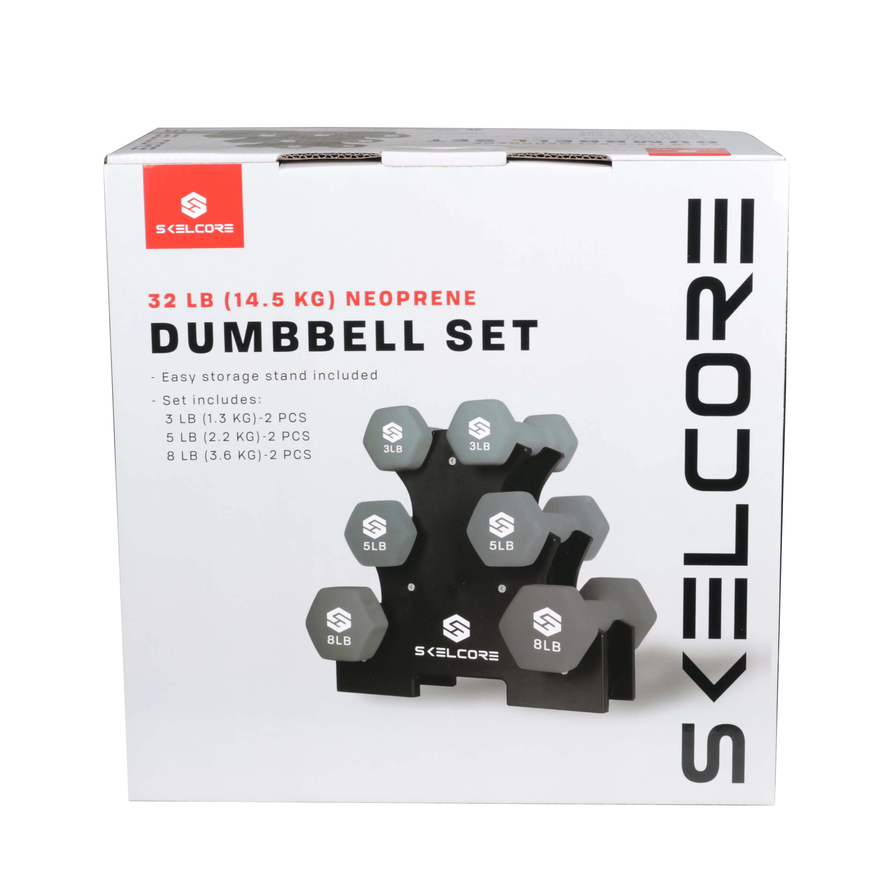 Skelcore Neoprene Dumbbell Set W/ Rack, Anti-roll Hex Weights (3lbs, 5lbs, 8lbs)