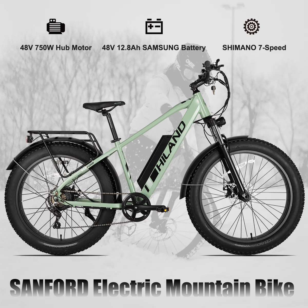 HILAND High Power Electric Bike for Adults, 750W 48V Motor Off-road Electric Mountain Bicycle, 26″ Fat Tire E-MTB Shimano 7 Speeds Aluminum Alloy Frame Disc Brake